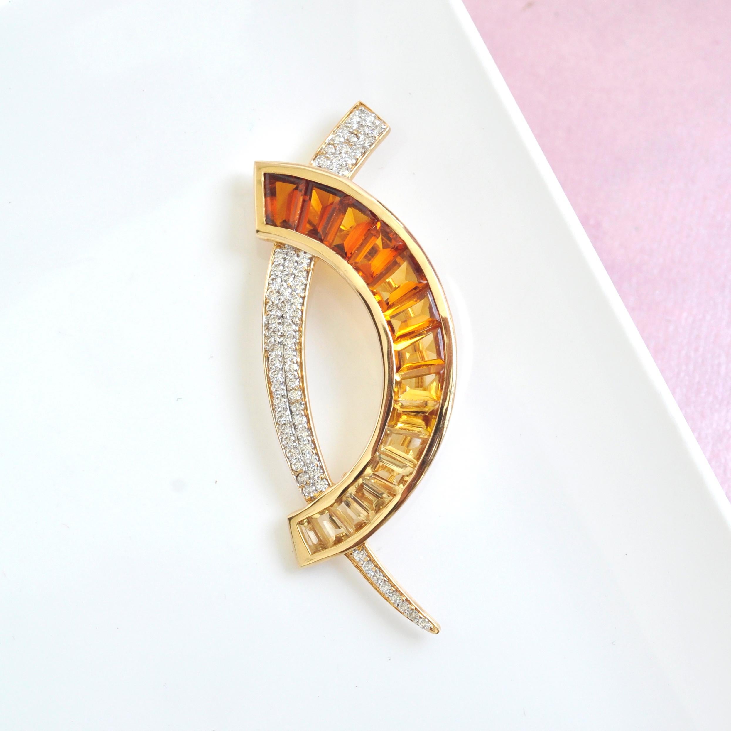 18 Karat Gold Custom Cut Citrine Taper Baguette Diamond Brooch Pendant Necklace For Sale 5
