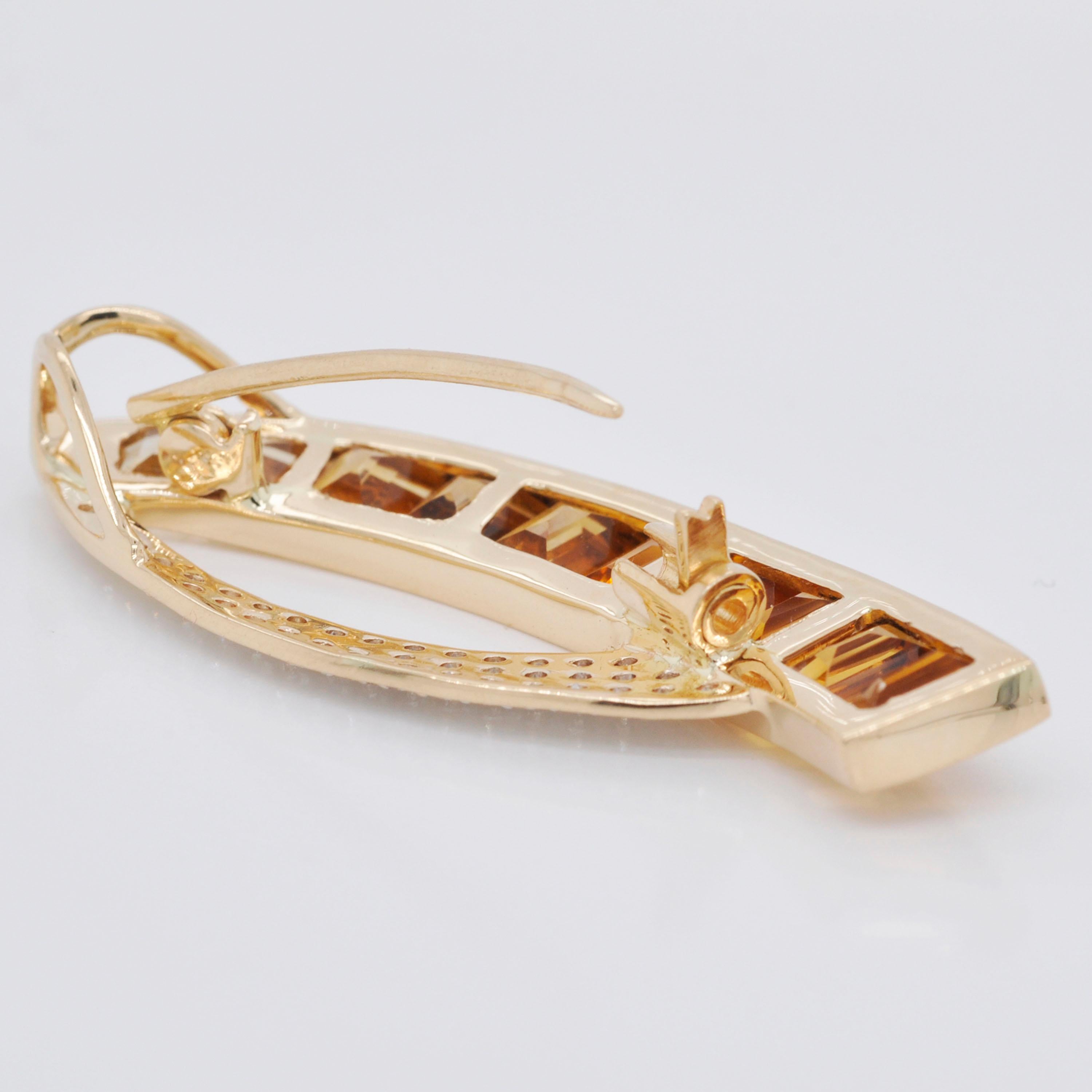 18 Karat Gold Custom Cut Gradient Taper Baguette Citrine Diamond Pendant Brooch For Sale 5