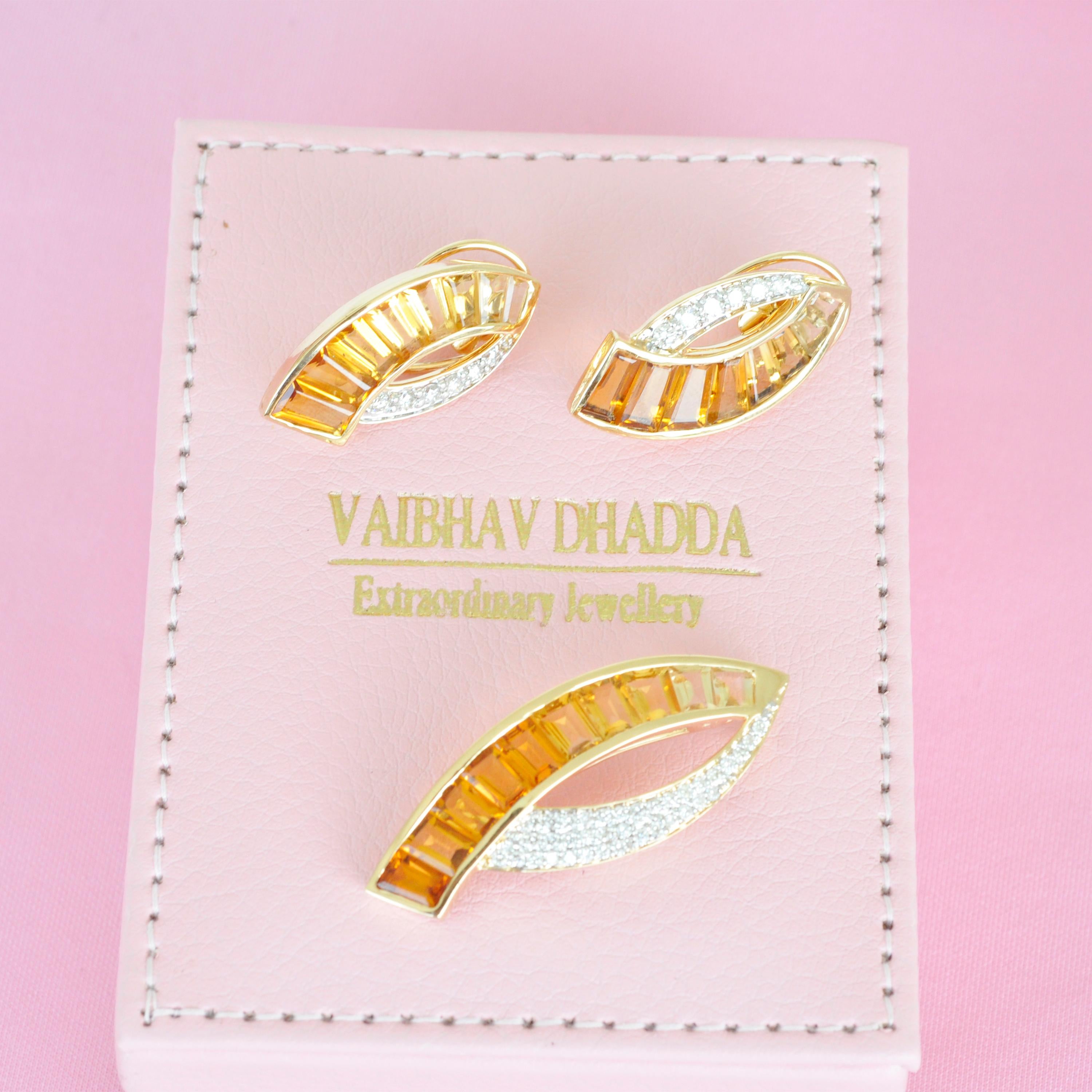 18 Karat Gold Custom Cut Gradient Taper Baguette Citrine Diamond Pendant Brooch For Sale 6