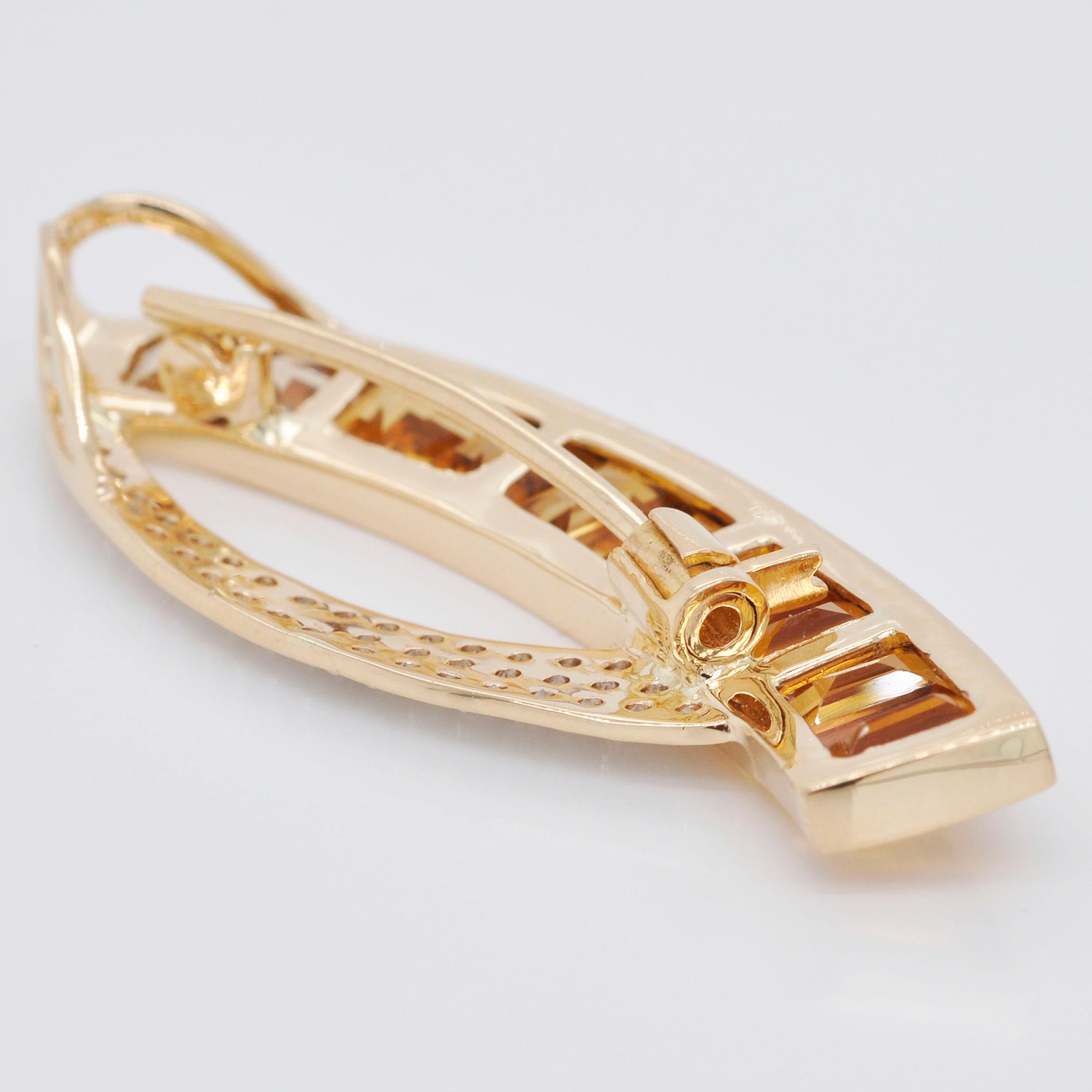 18 Karat Gold Custom Cut Gradient Taper Baguette Citrine Diamond Pendant Brooch For Sale 1