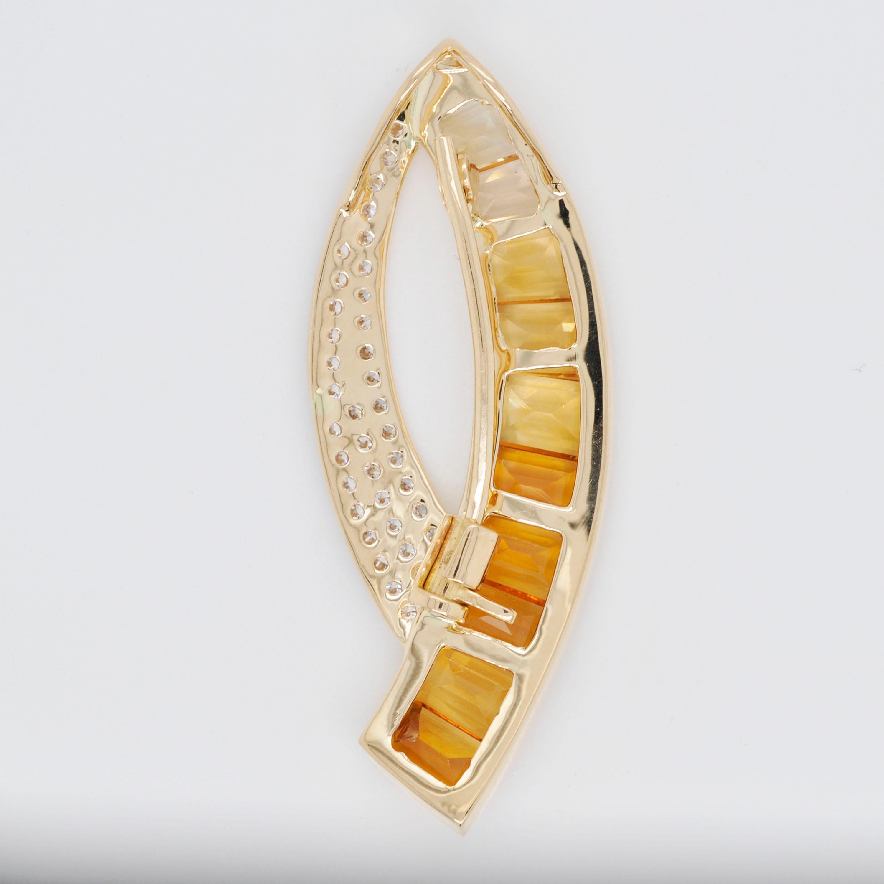18 Karat Gold Custom Cut Gradient Taper Baguette Citrine Diamond Pendant Brooch For Sale 2