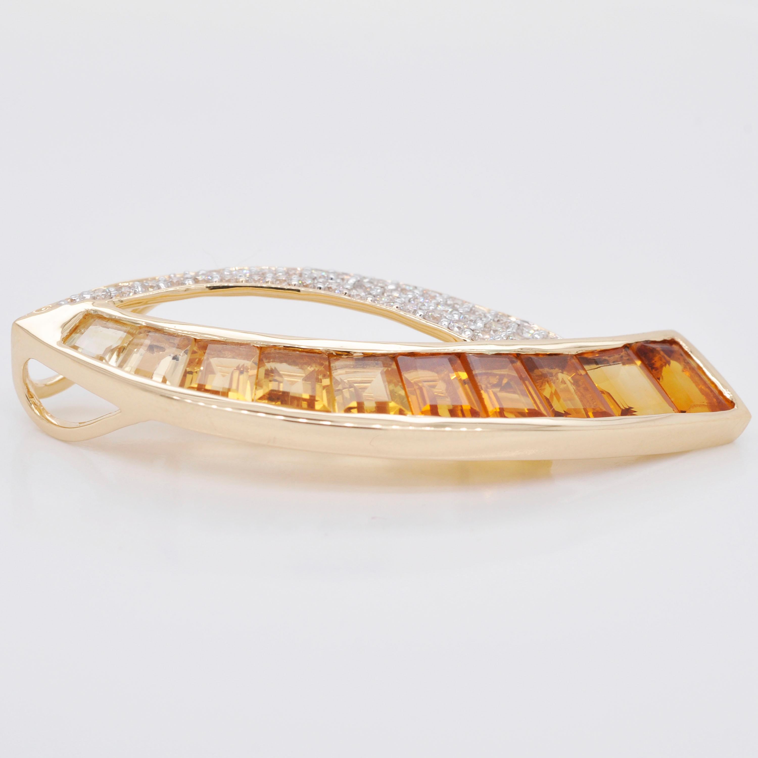 18 Karat Gold Custom Cut Gradient Taper Baguette Citrine Diamond Pendant Brooch For Sale 3