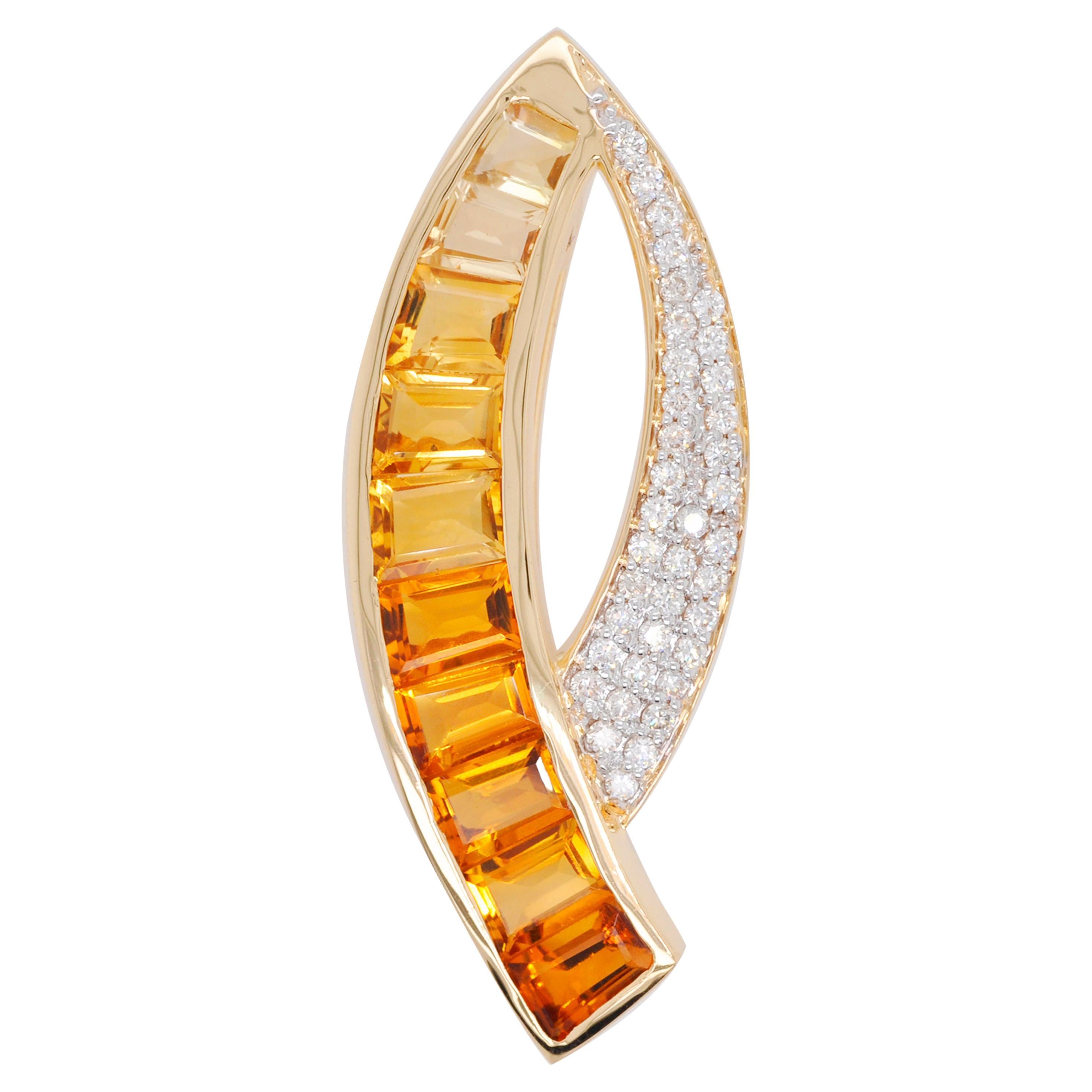 Broche pendentif en or 18 carats, diamants et citrine baguette taillée sur mesure