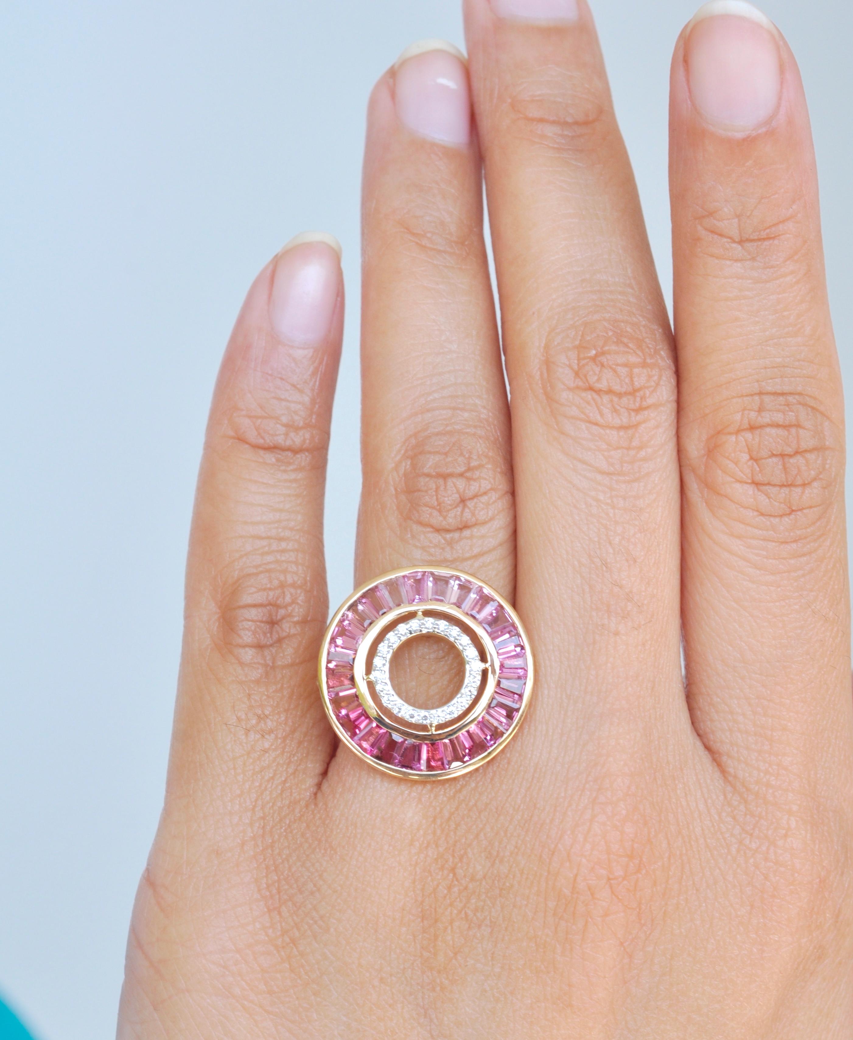 Tapered Baguette 18 Karat Gold Custom Cut Pink Tourmaline Baguette Diamond Art Deco Style Ring For Sale