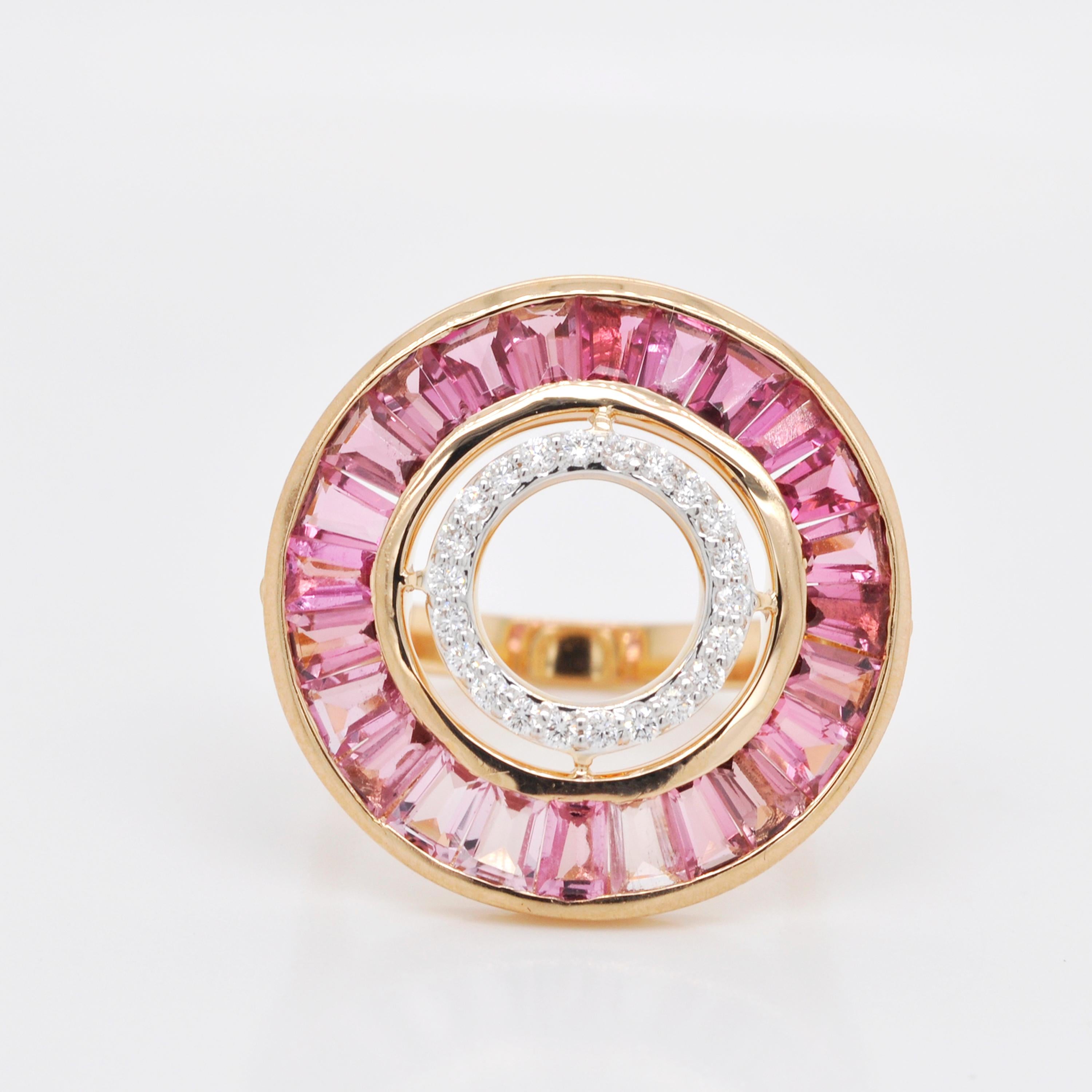 Women's 18 Karat Gold Custom Cut Pink Tourmaline Baguette Diamond Art Deco Style Ring For Sale
