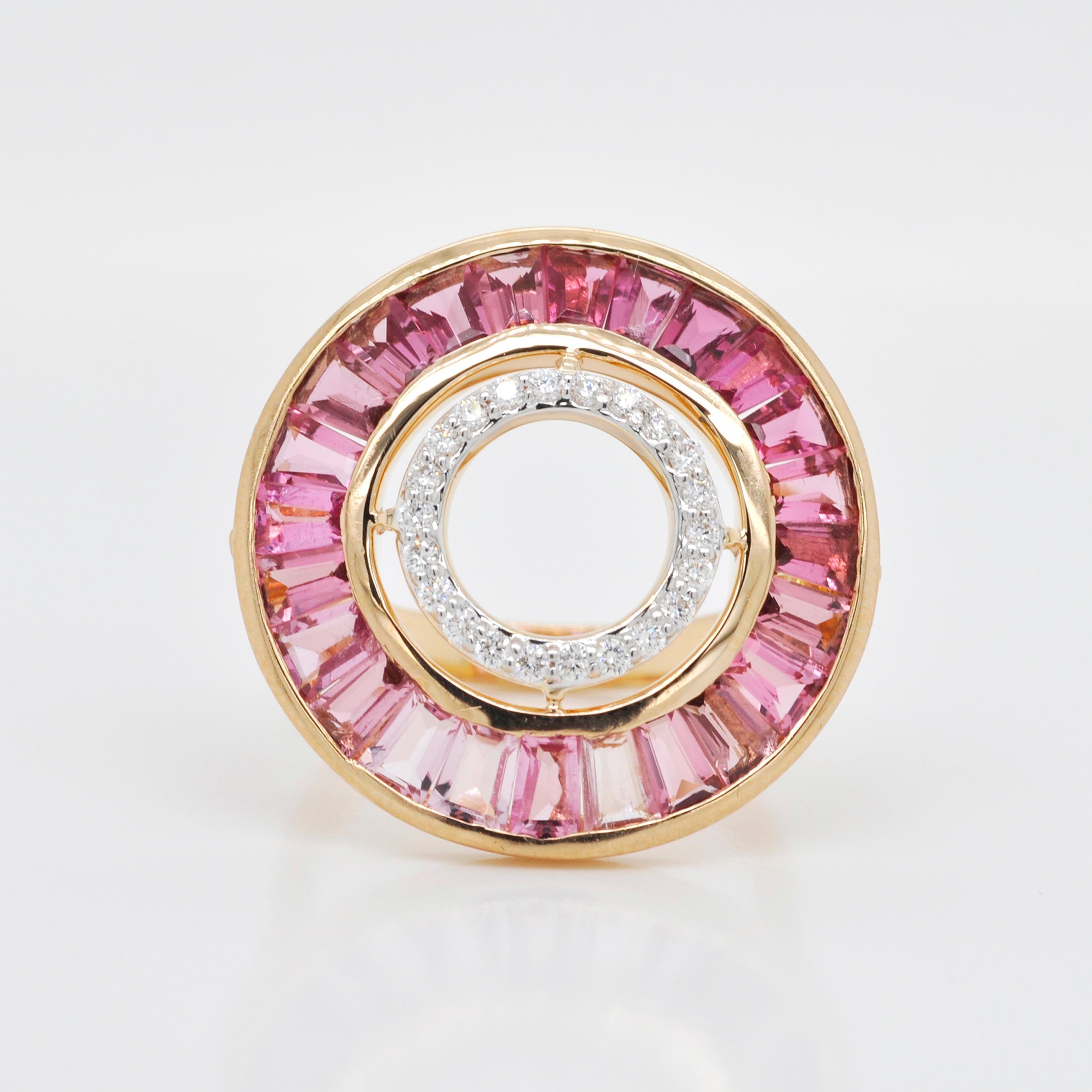 18 Karat Gold Custom Cut Pink Tourmaline Baguette Diamond Art Deco Style Ring For Sale 1
