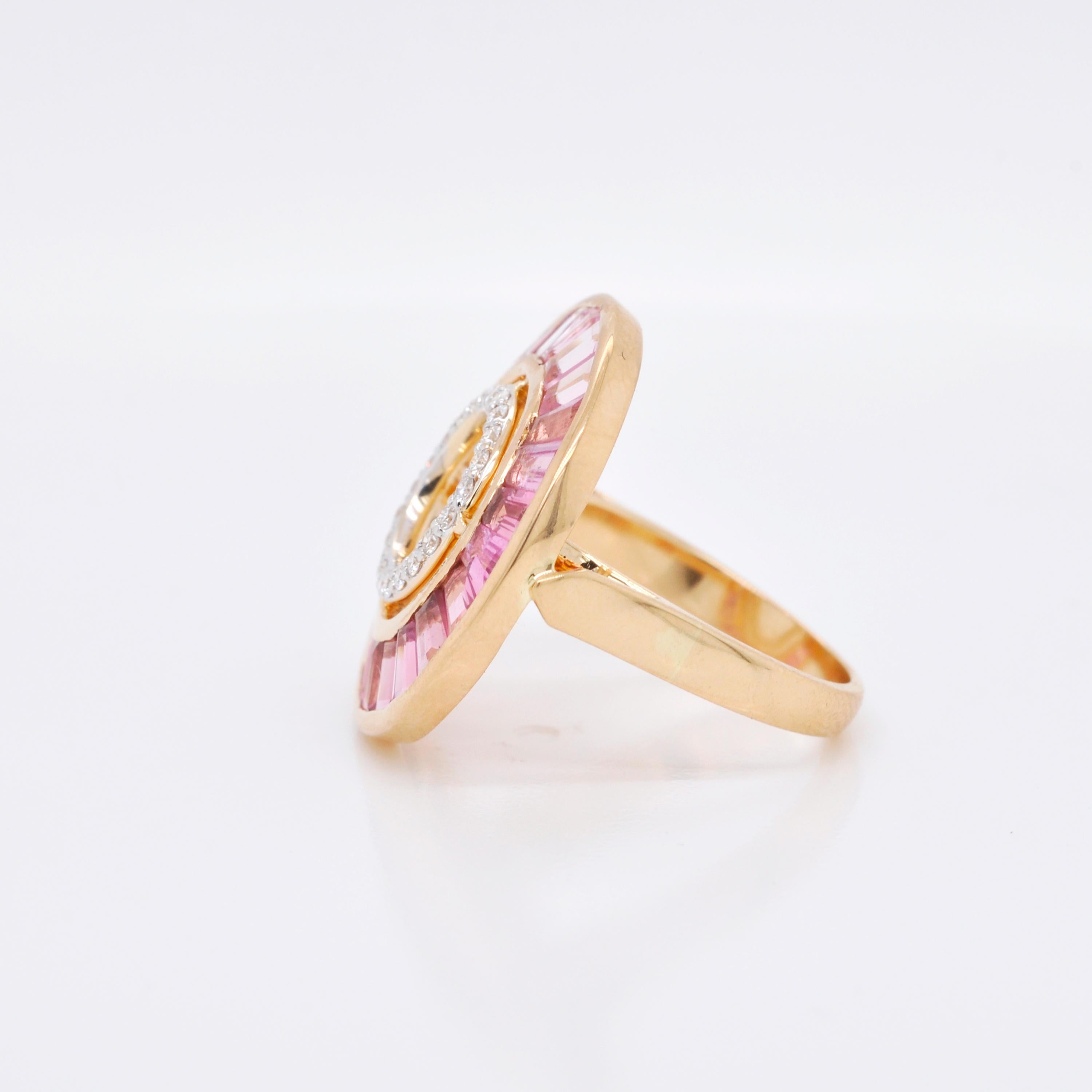 18 Karat Gold Custom Cut Pink Tourmaline Baguette Diamond Art Deco Style Ring For Sale 2