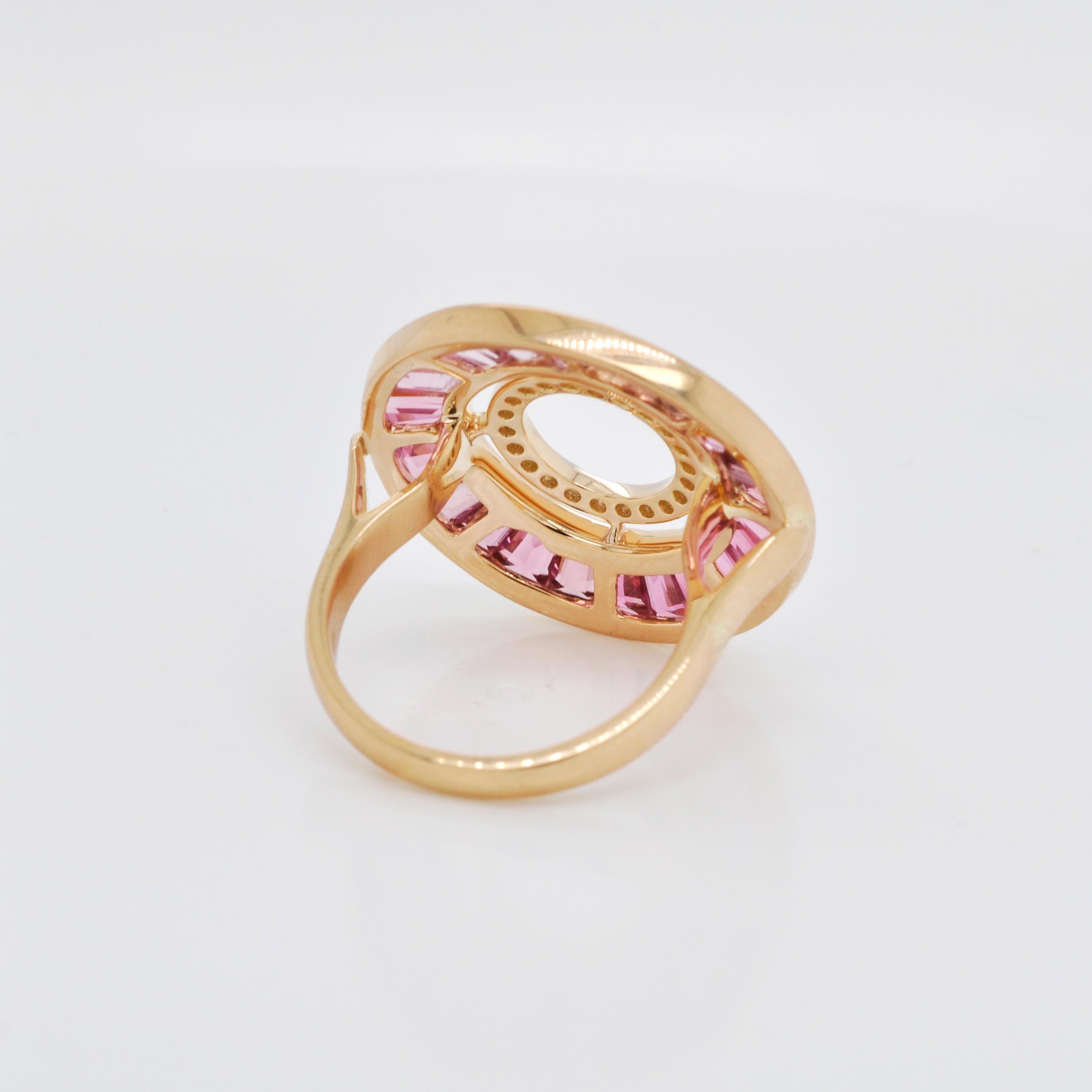 18 Karat Gold Custom Cut Pink Tourmaline Baguette Diamond Art Deco Style Ring For Sale 3