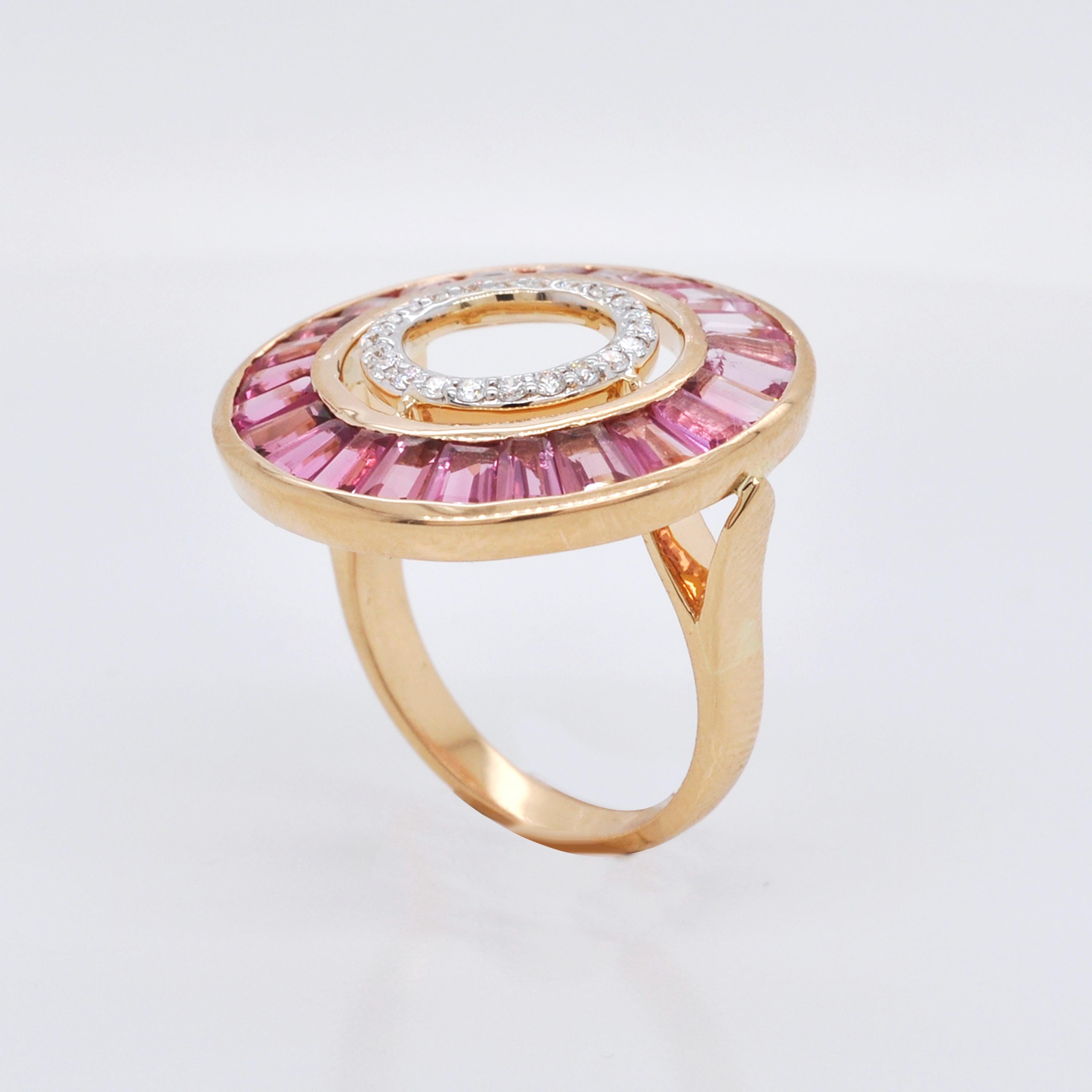 18 Karat Gold Custom Cut Pink Tourmaline Baguette Diamond Art Deco Style Ring For Sale 4
