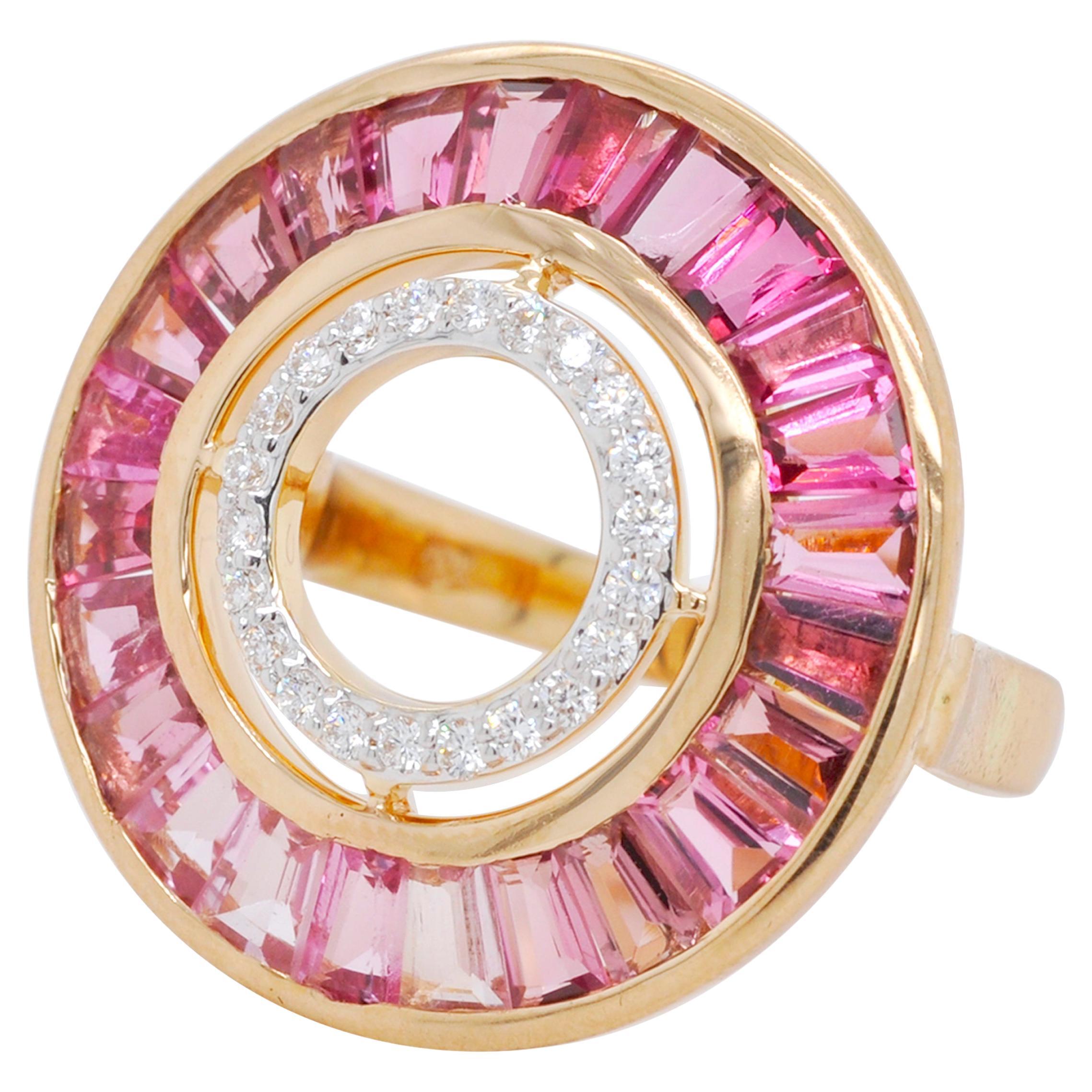 18 Karat Gold Custom Cut Pink Tourmaline Baguette Diamond Art Deco Style Ring For Sale