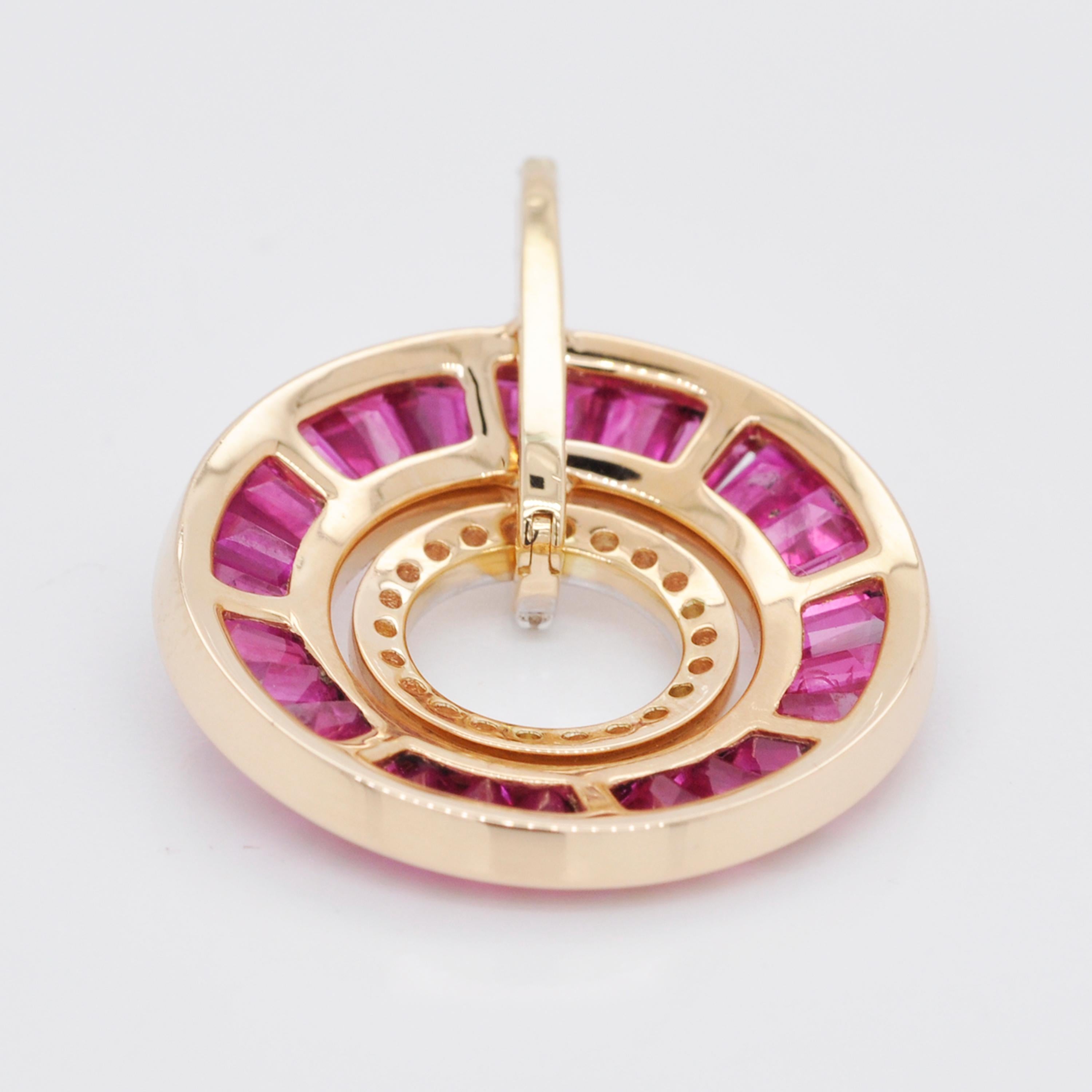 18 Karat Gold Custom Cut Taper Baguette Ruby Diamond Art Deco Style Pendant For Sale 4
