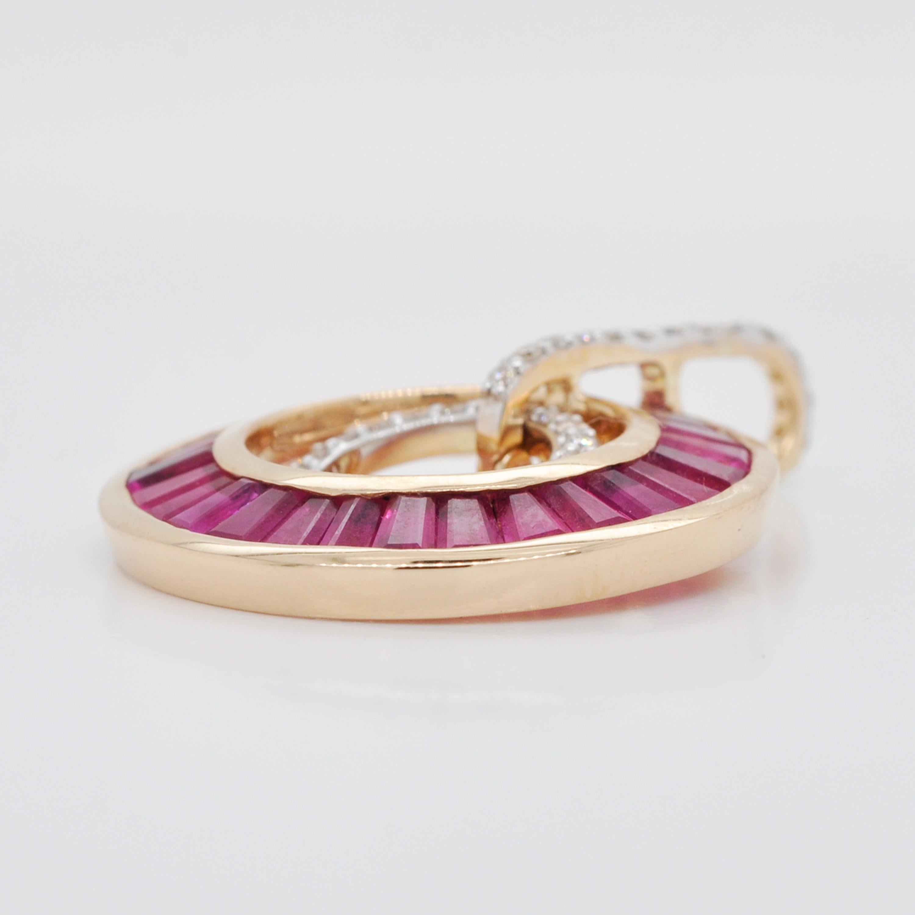 18 Karat Gold Custom Cut Taper Baguette Ruby Diamond Art Deco Style Pendant For Sale 1