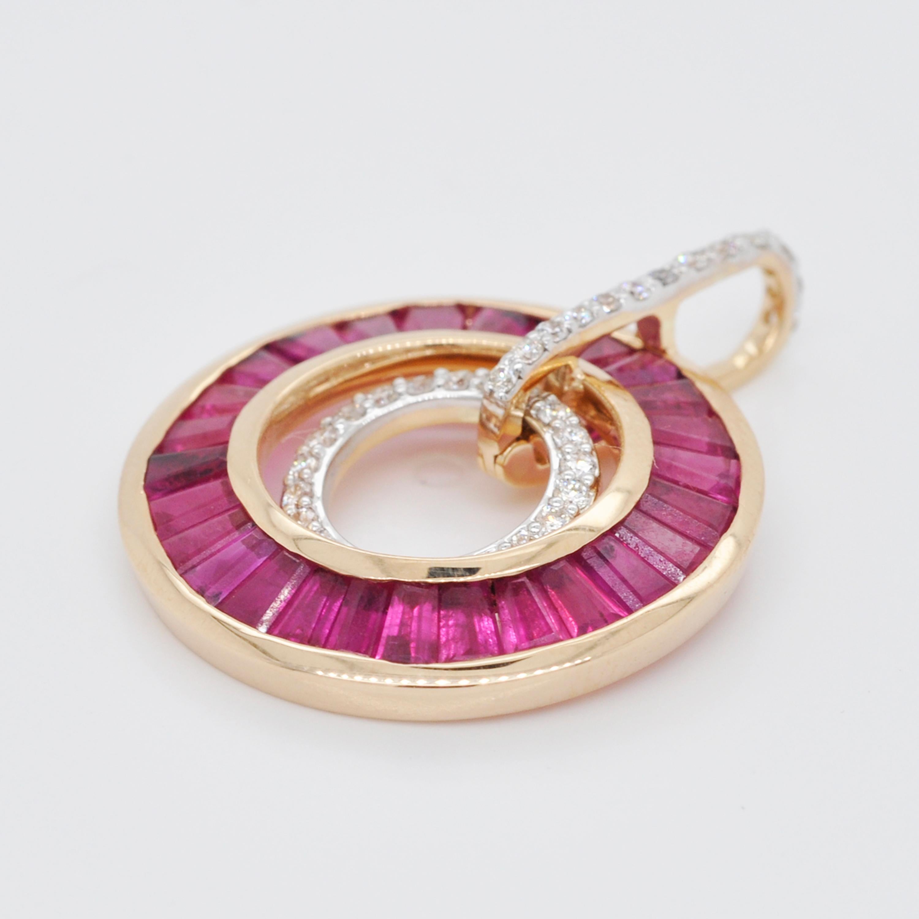 18 Karat Gold Custom Cut Taper Baguette Ruby Diamond Art Deco Style Pendant For Sale 2
