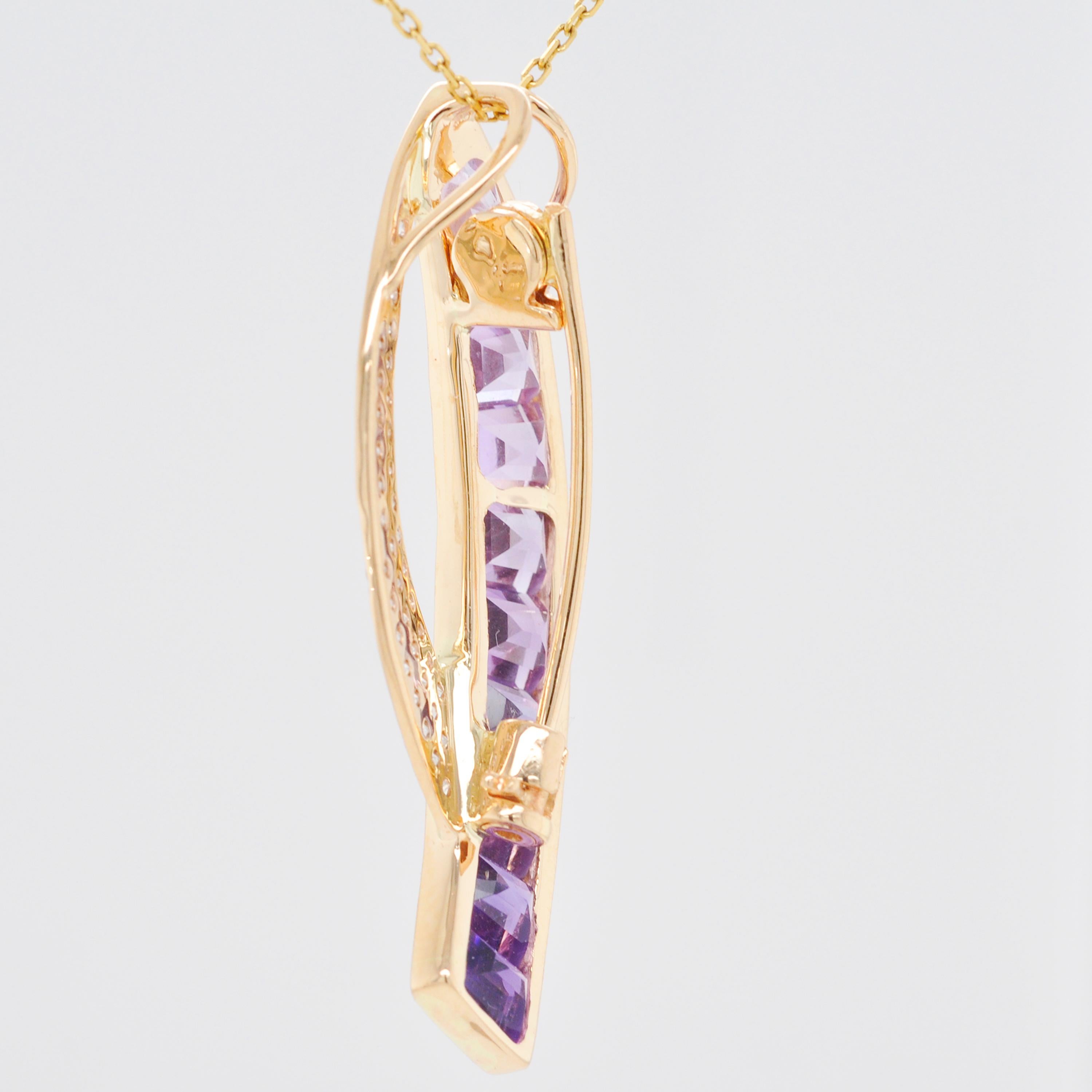 Broche pendentif en or 18 carats avec diamants et améthyste baguette taillée sur mesure en vente 7
