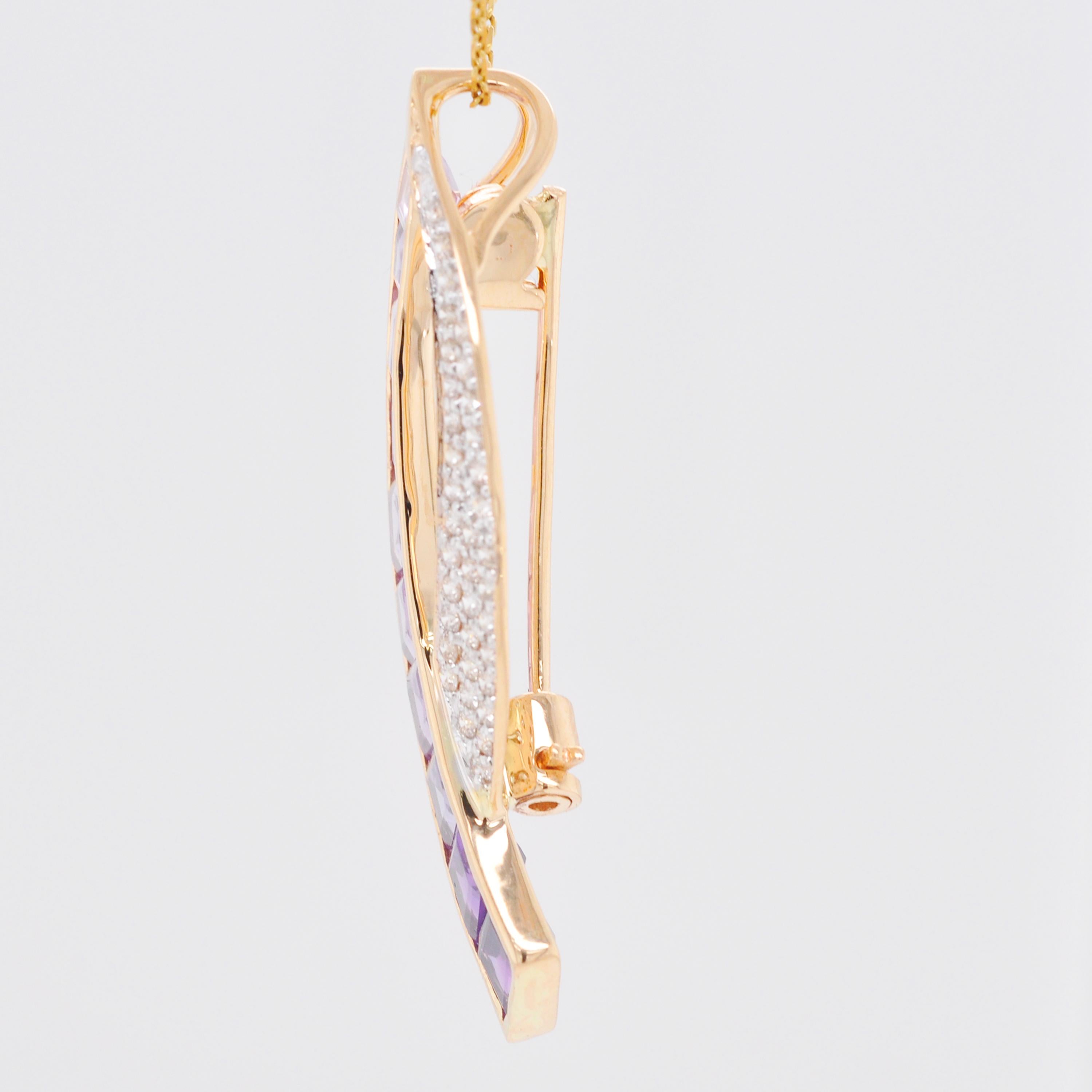 18 Karat Gold Custom Cut Taper Baguette Amethyst Diamond Pendant Brooch For Sale 8