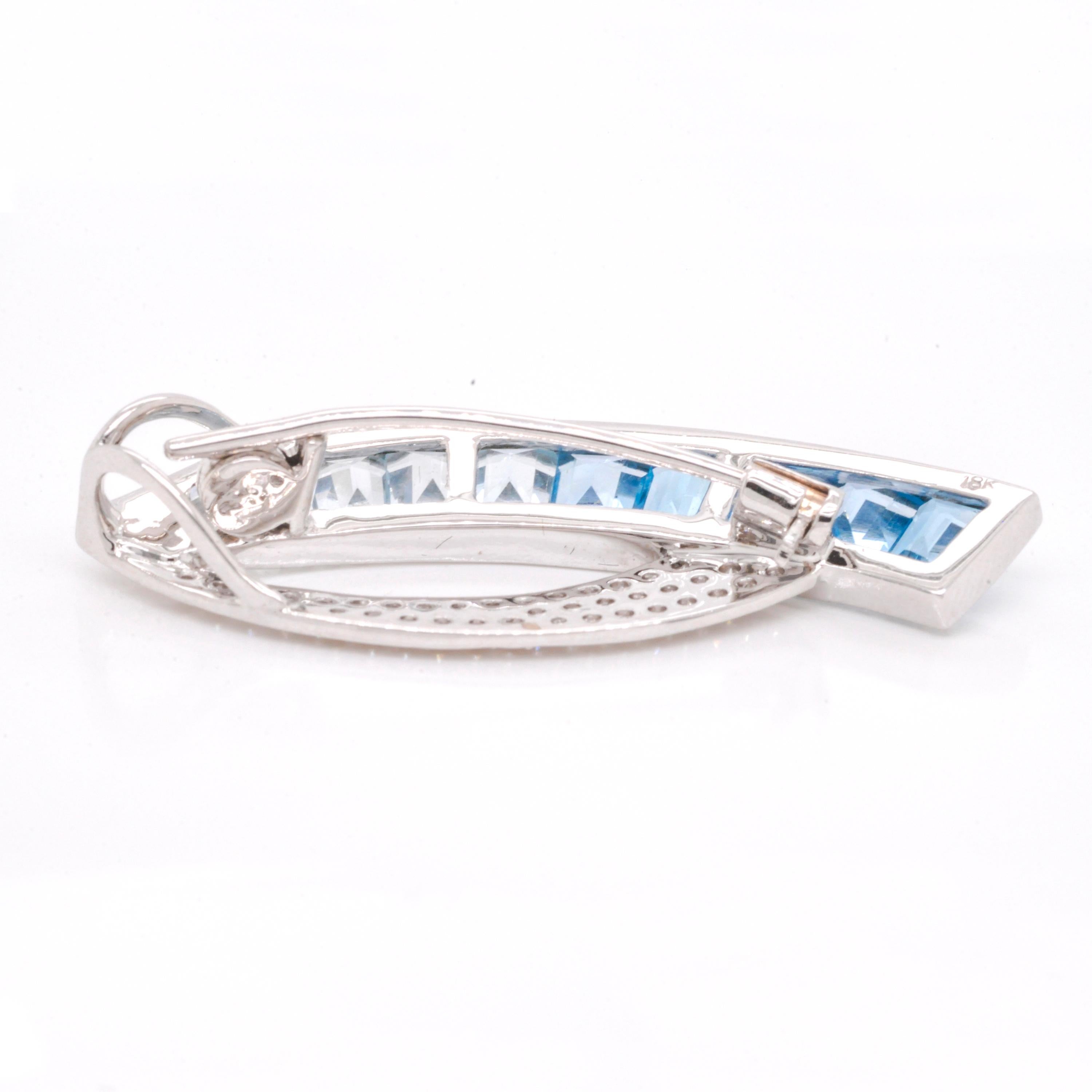 18 Karat White Gold Custom Cut Taper Baguette Blue Topaz Diamond Pendant Brooch For Sale 4
