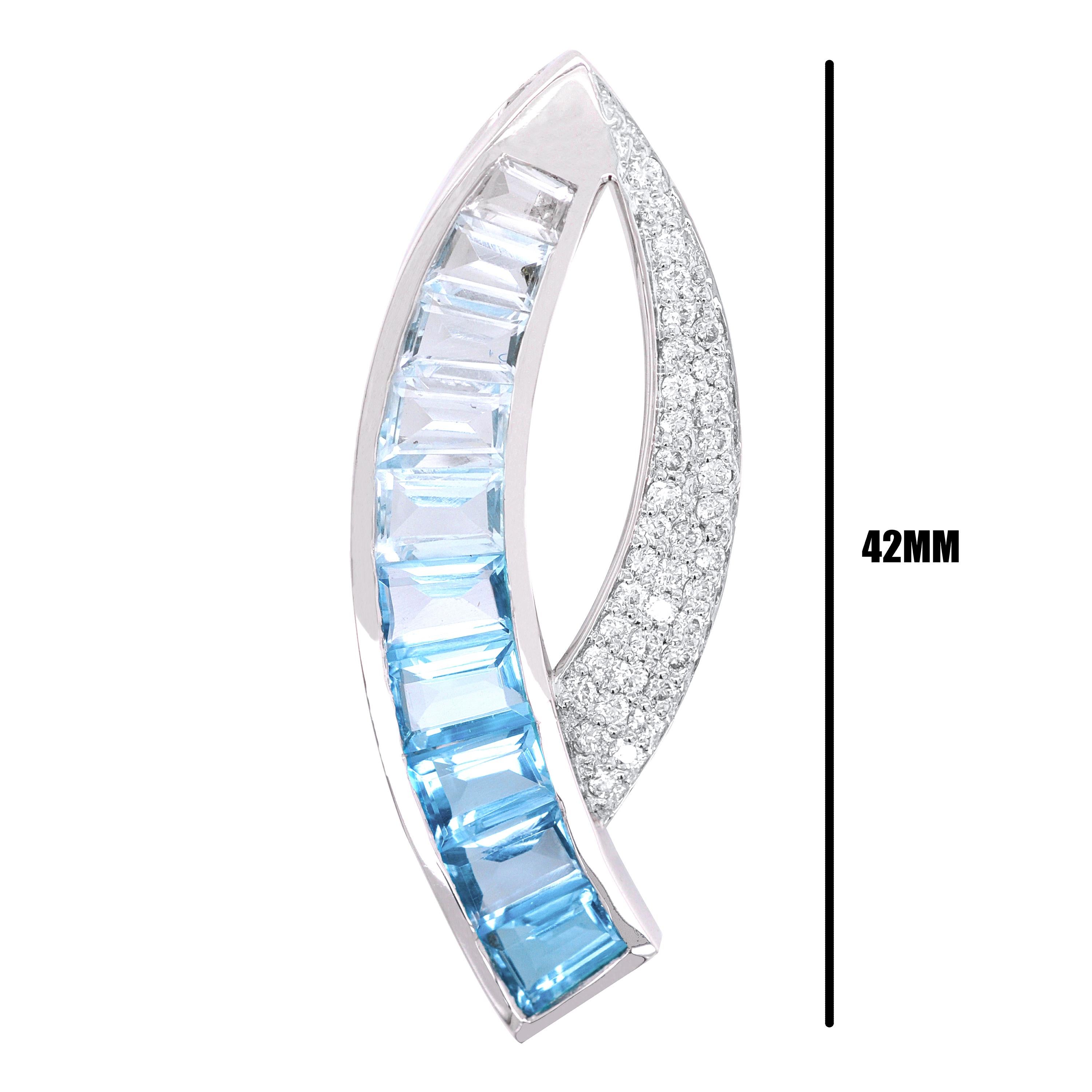 Contemporary 18 Karat White Gold Custom Cut Taper Baguette Blue Topaz Diamond Pendant Brooch For Sale