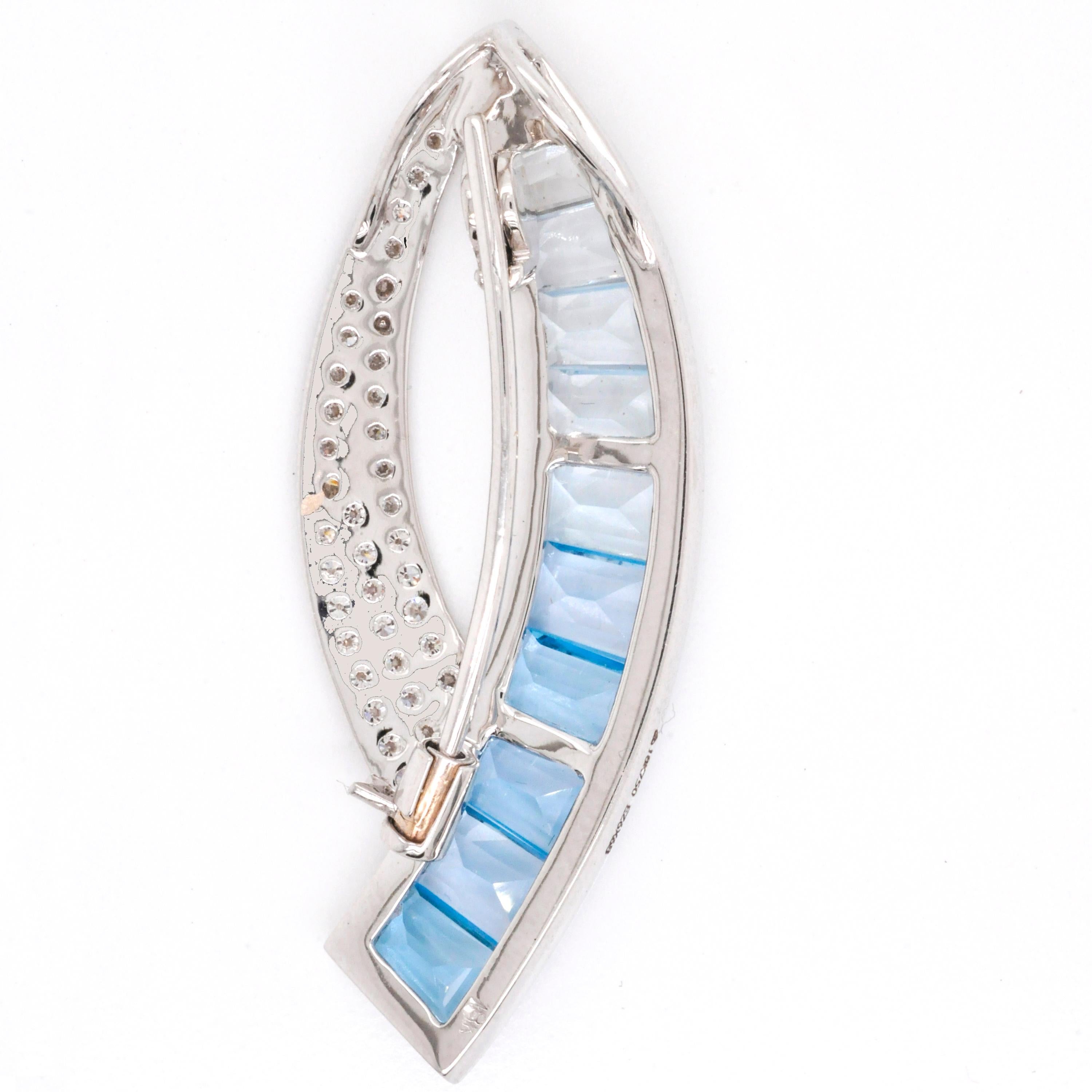18 Karat White Gold Custom Cut Taper Baguette Blue Topaz Diamond Pendant Brooch For Sale 3