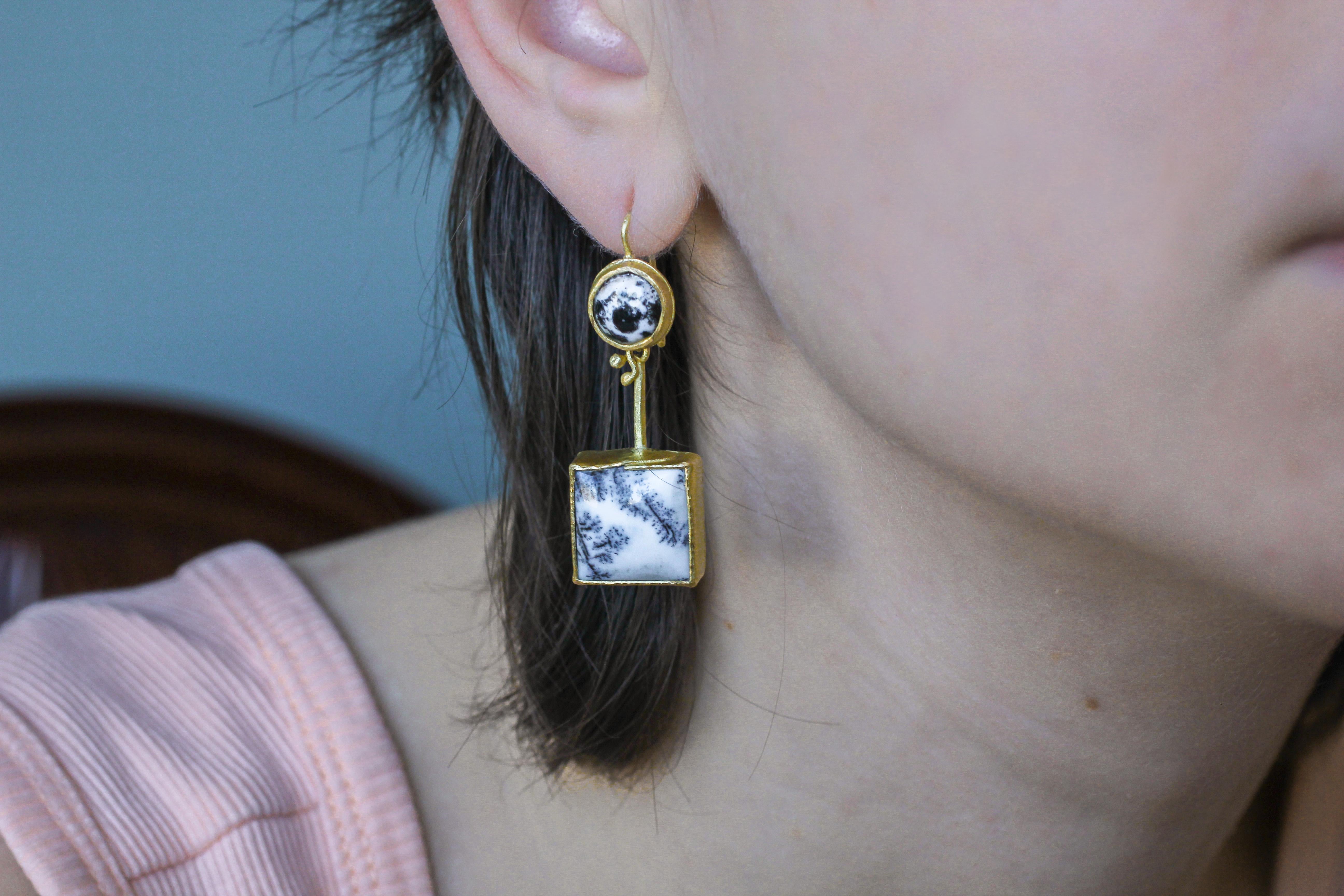 18K Gold Dendrite Opal Enamel Drop Dangle Earrings Contemporary Handmade Gift 13