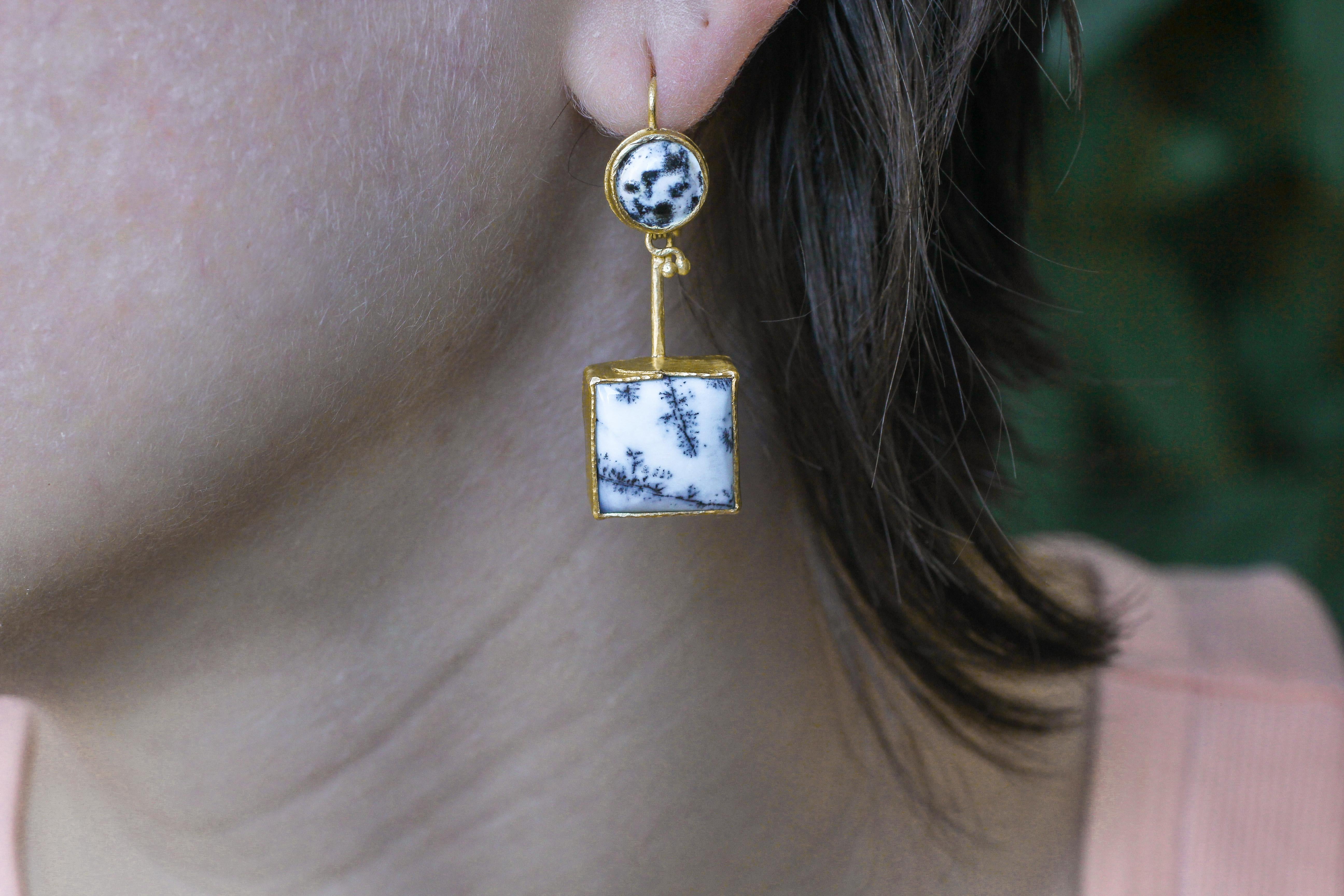 18K Gold Dendrite Opal Enamel Drop Dangle Earrings Contemporary Handmade Gift 14