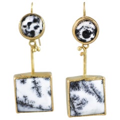 18K Gold Dendrite Opal Enamel Drop Dangle Earrings Contemporary Handmade Gift