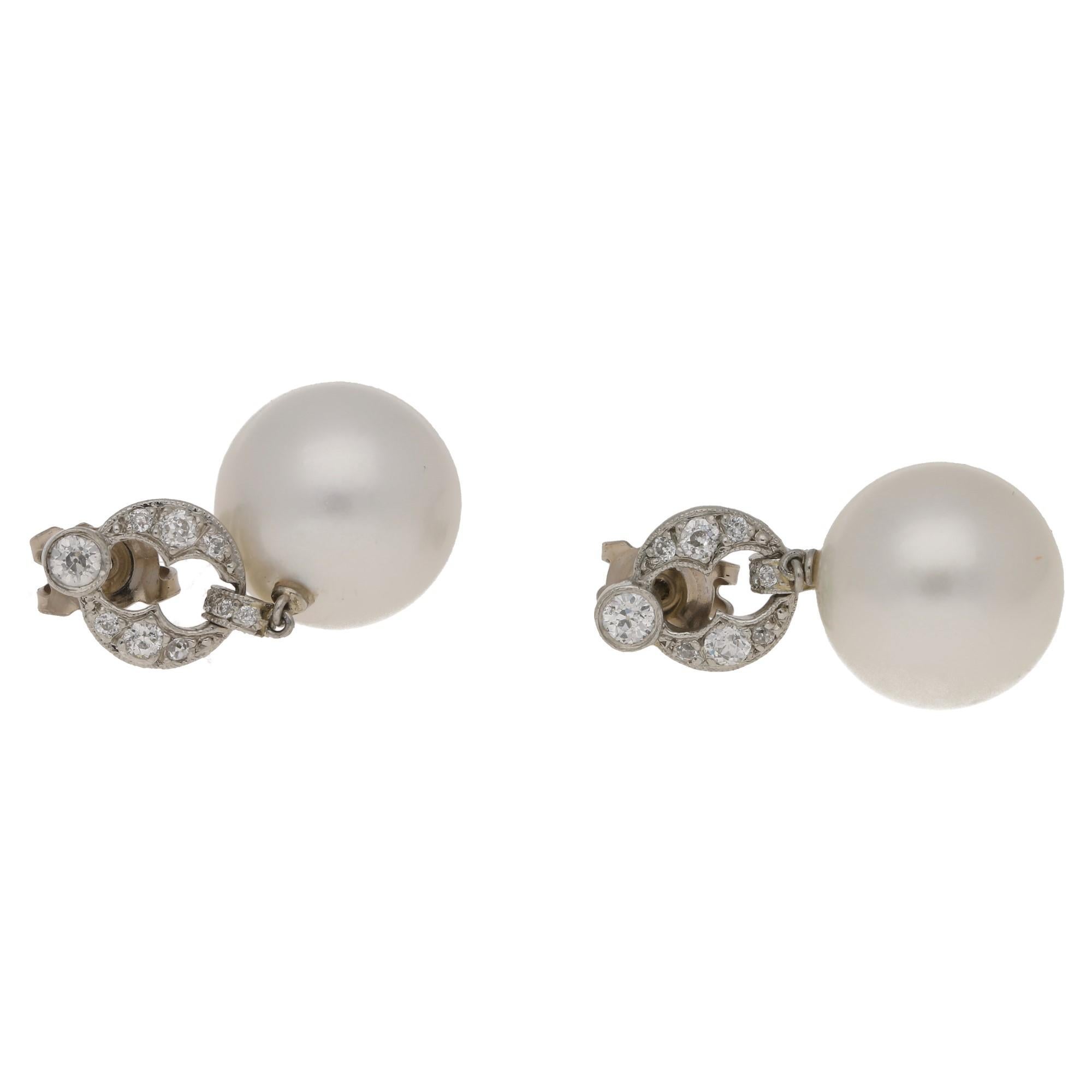 Women's or Men's 18 Karat Gold Diamond Akoya Pearl Drop Earrings