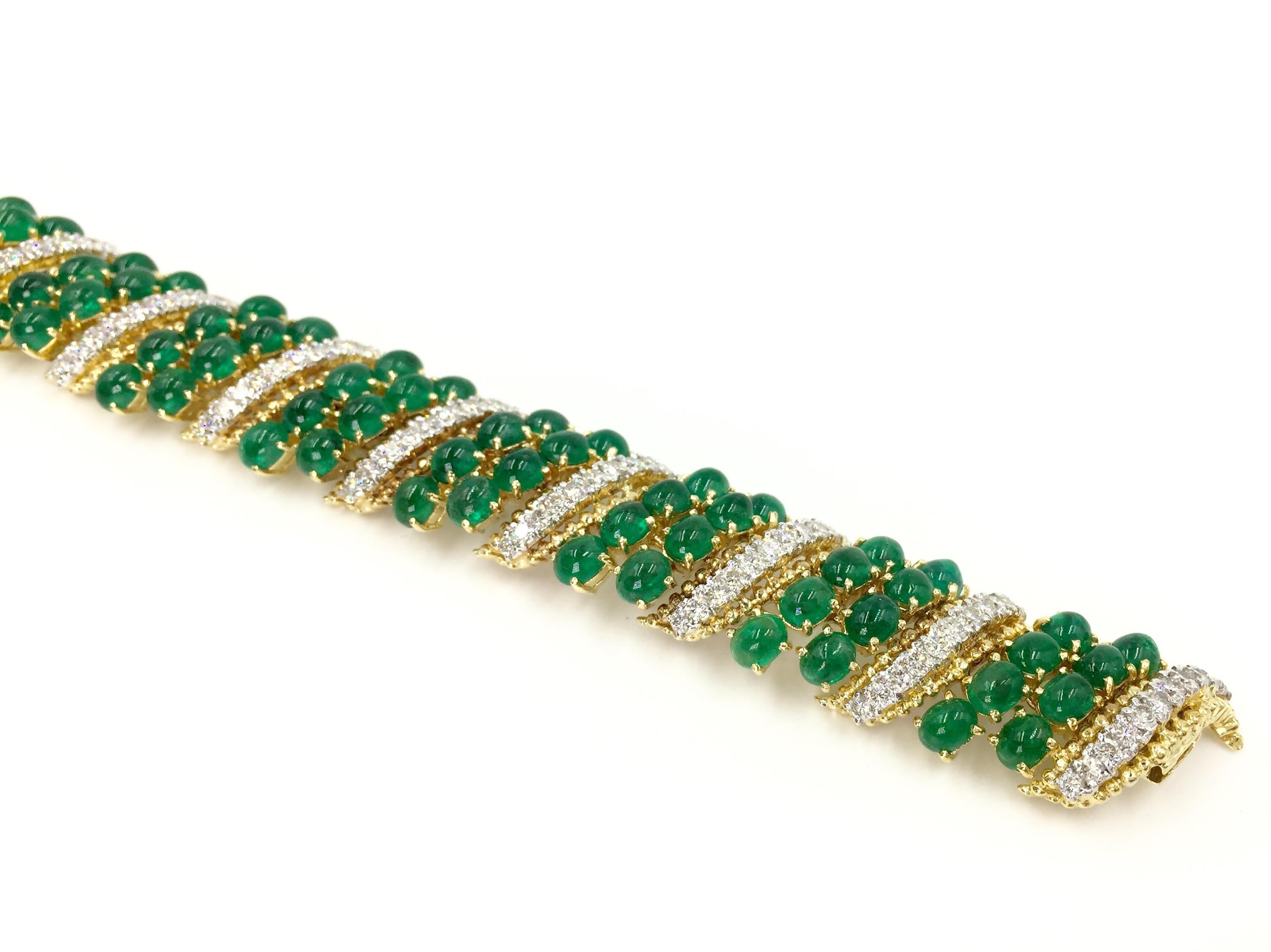 Retro 18 Karat Gold Diamond and Cabochon Emerald Wide Bracelet