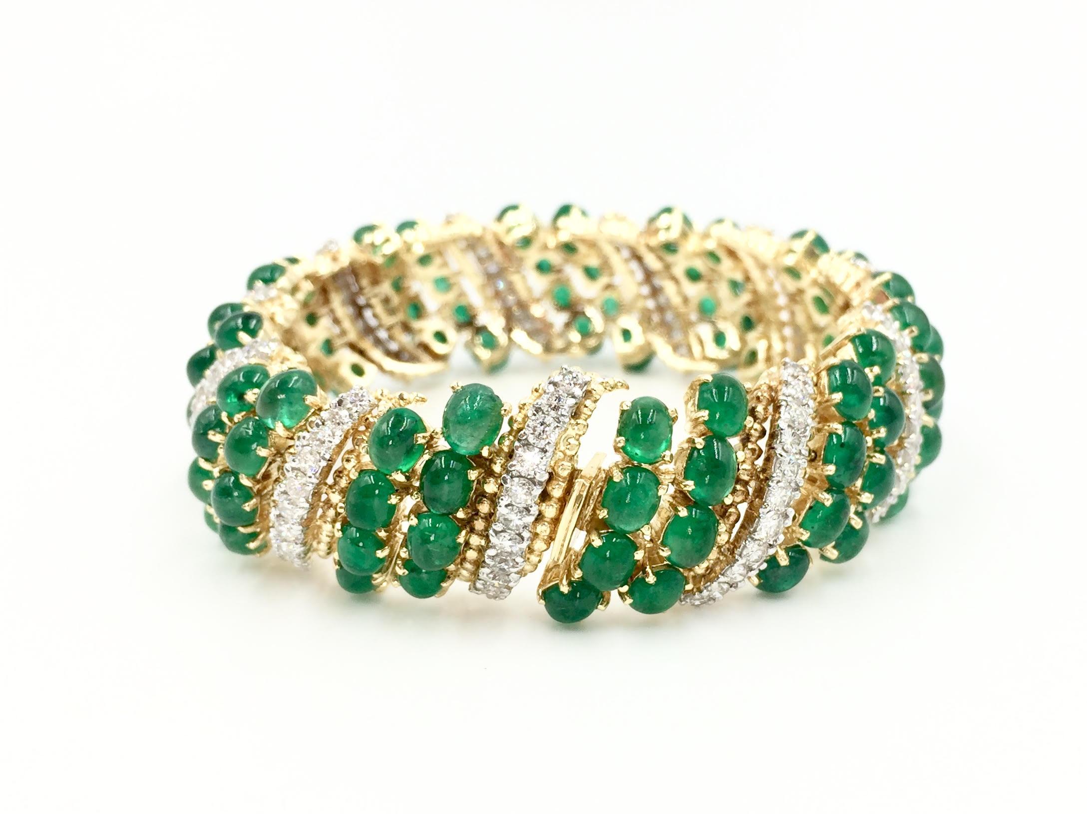 Women's 18 Karat Gold Diamond and Cabochon Emerald Wide Bracelet