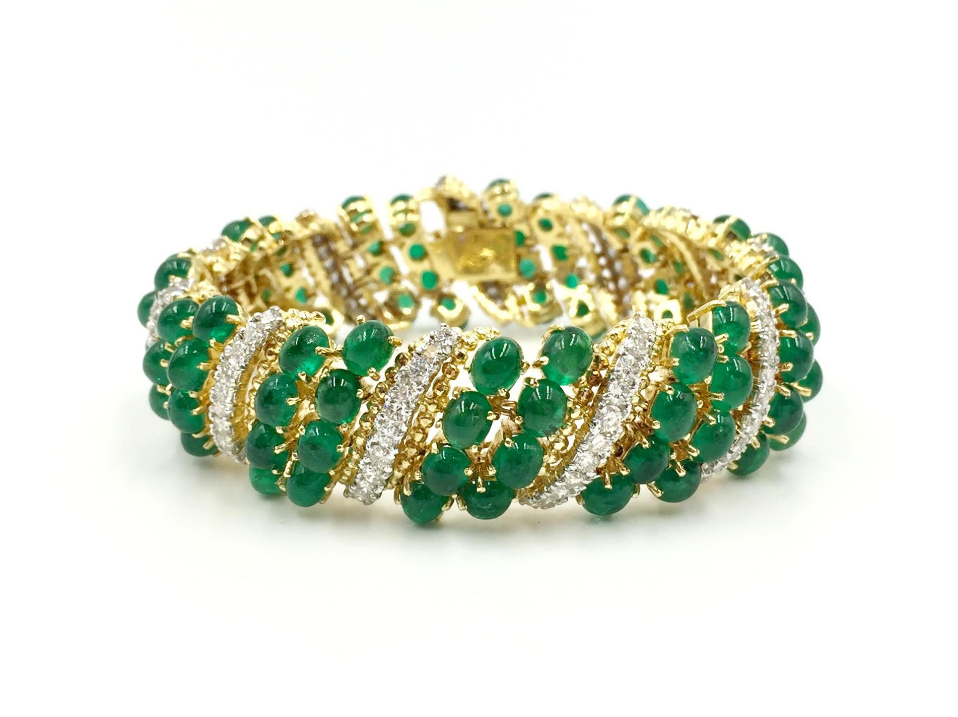 18 Karat Gold Diamond and Cabochon Emerald Wide Bracelet 1