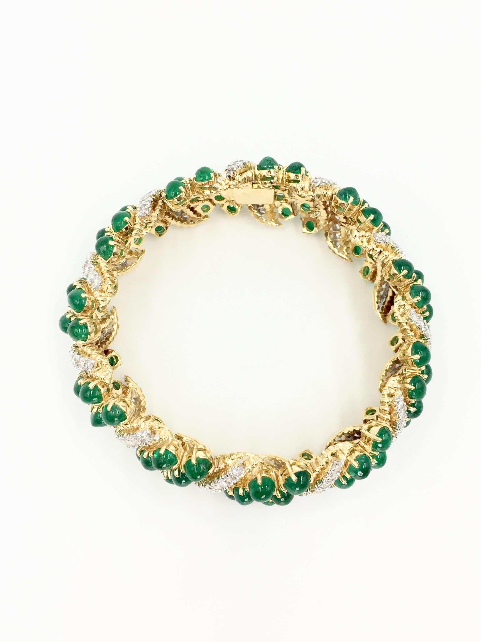 18 Karat Gold Diamond and Cabochon Emerald Wide Bracelet 2
