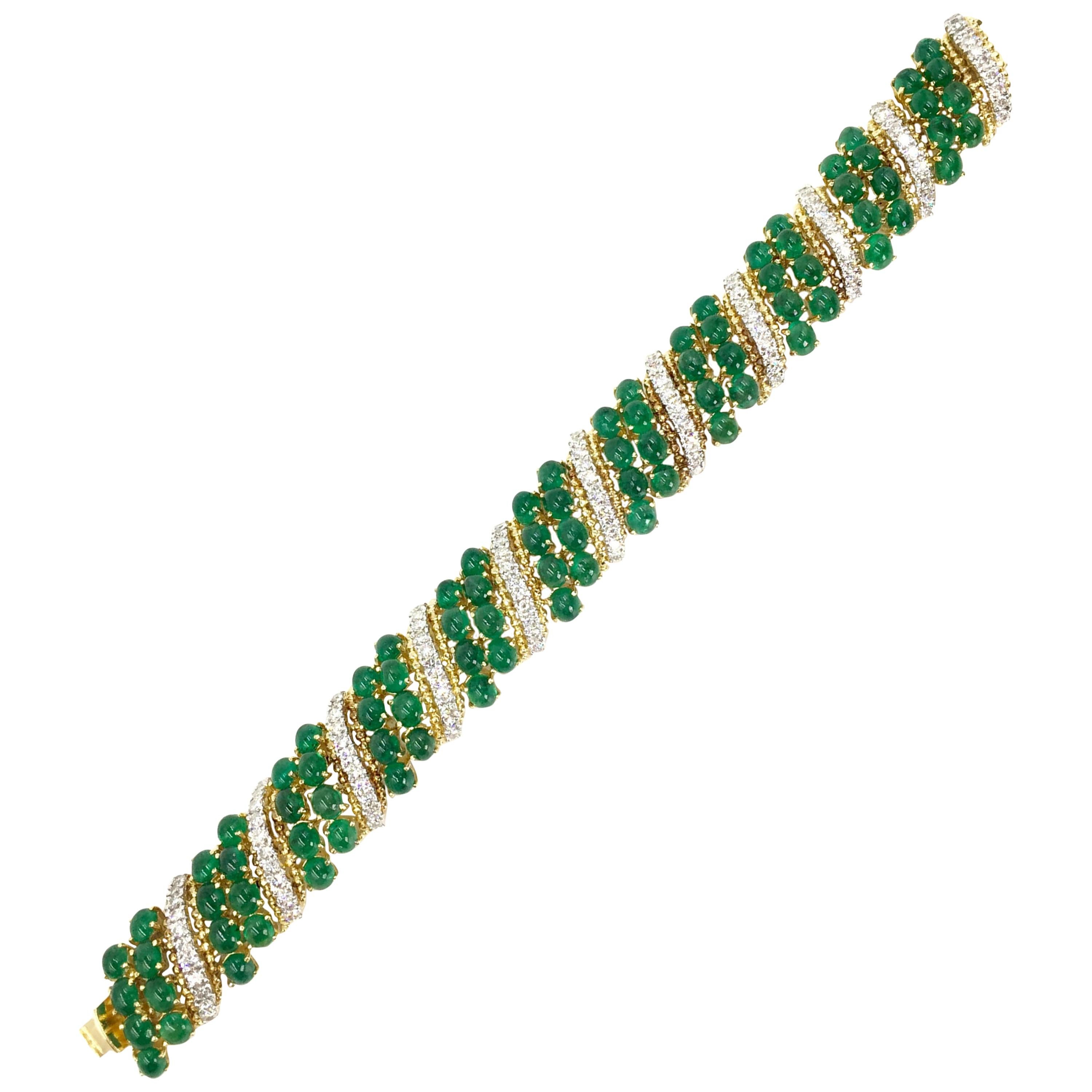 18 Karat Gold Diamond and Cabochon Emerald Wide Bracelet