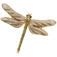 Retro 18 Karat Gold Diamond and Emerald Dragonfly Brooch