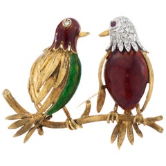 18 Karat Gold Diamond and Enamel Bird Brooch, London, 1965