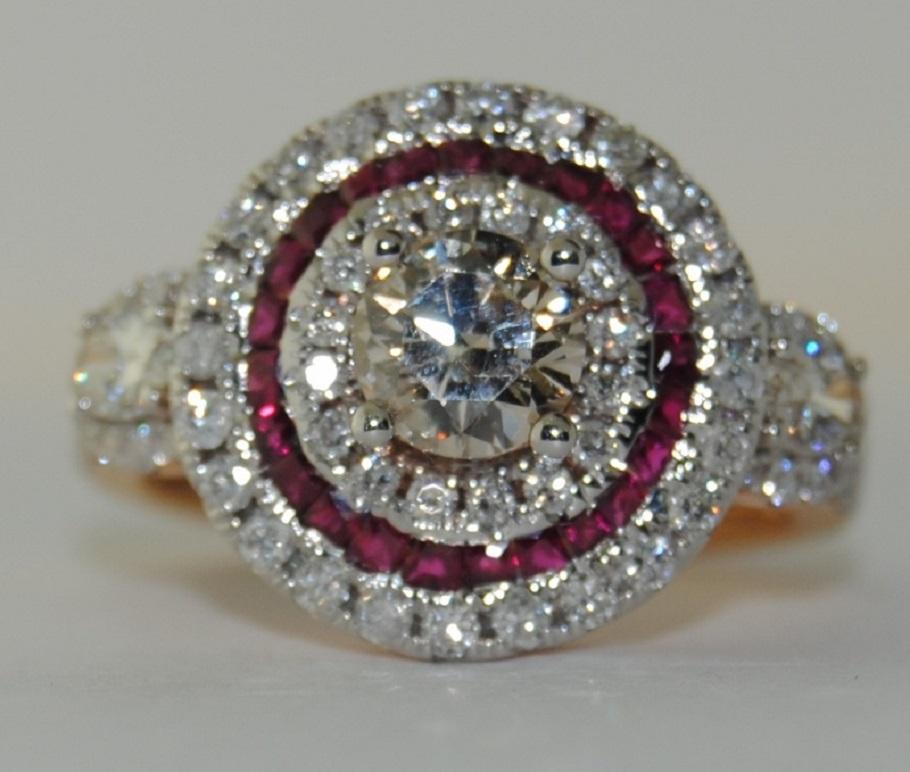 Round Cut 18 Karat Gold Diamond and Ruby Cluster Ring For Sale