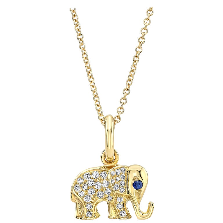 18 Karat Gold, Diamond and Sapphire Elephant Charm Pendant Necklace 'Queenie' For Sale