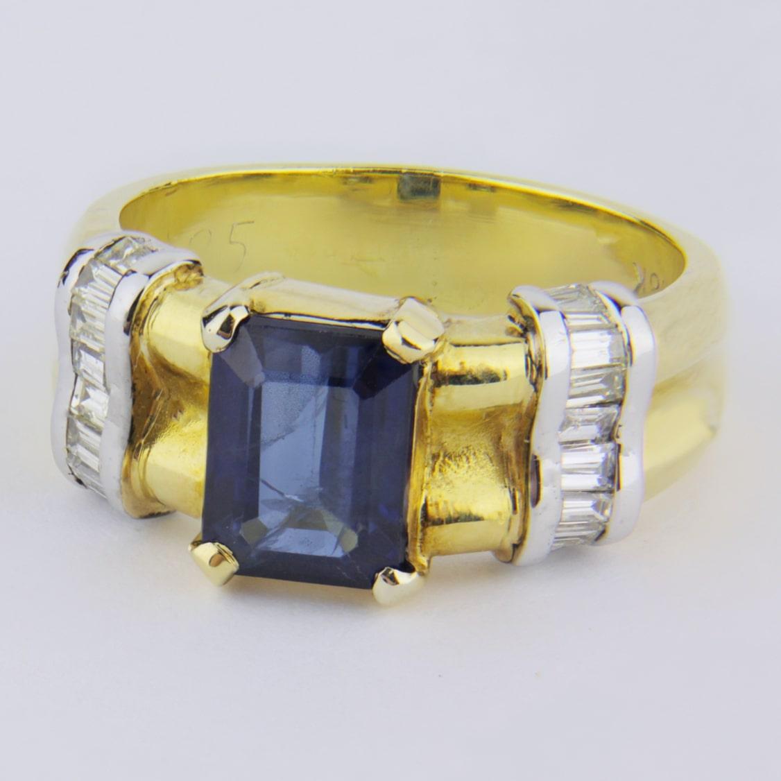 Baguette Cut 18 Karat Gold, Diamond and Sapphire Ring For Sale
