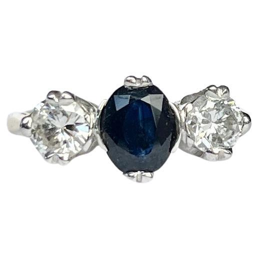 18 Karat Gold Diamond and Sapphire Three-Stone Ring, circa 1900 For Sale