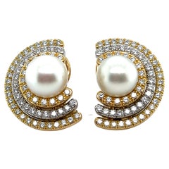 18 Karat Gold Diamond and South Sea Pearl Earrings by Péclard