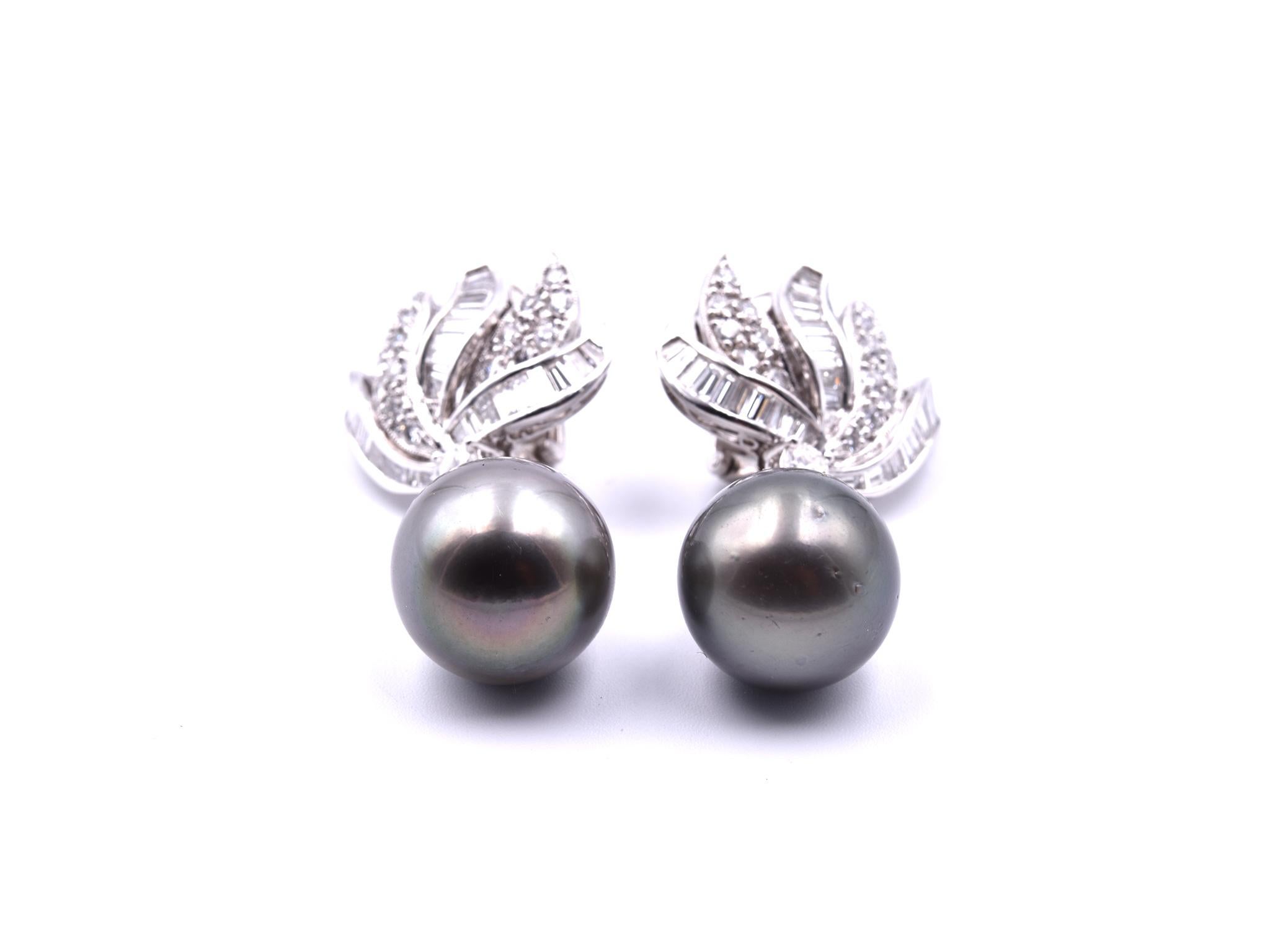 Designer: custom design
Material: 18k white gold 
Diamonds: =13.11cttw on necklace
Color: G
Clarity: VS2-SI1
Diamonds: =4.58cttw on earrings
Color: G
Clarity: VS2-SI1
Tahitian Pearls: 5= 12mm -12.5mm
Tahitian Pearls: 2=15mm-15.5mm
Dimensions: