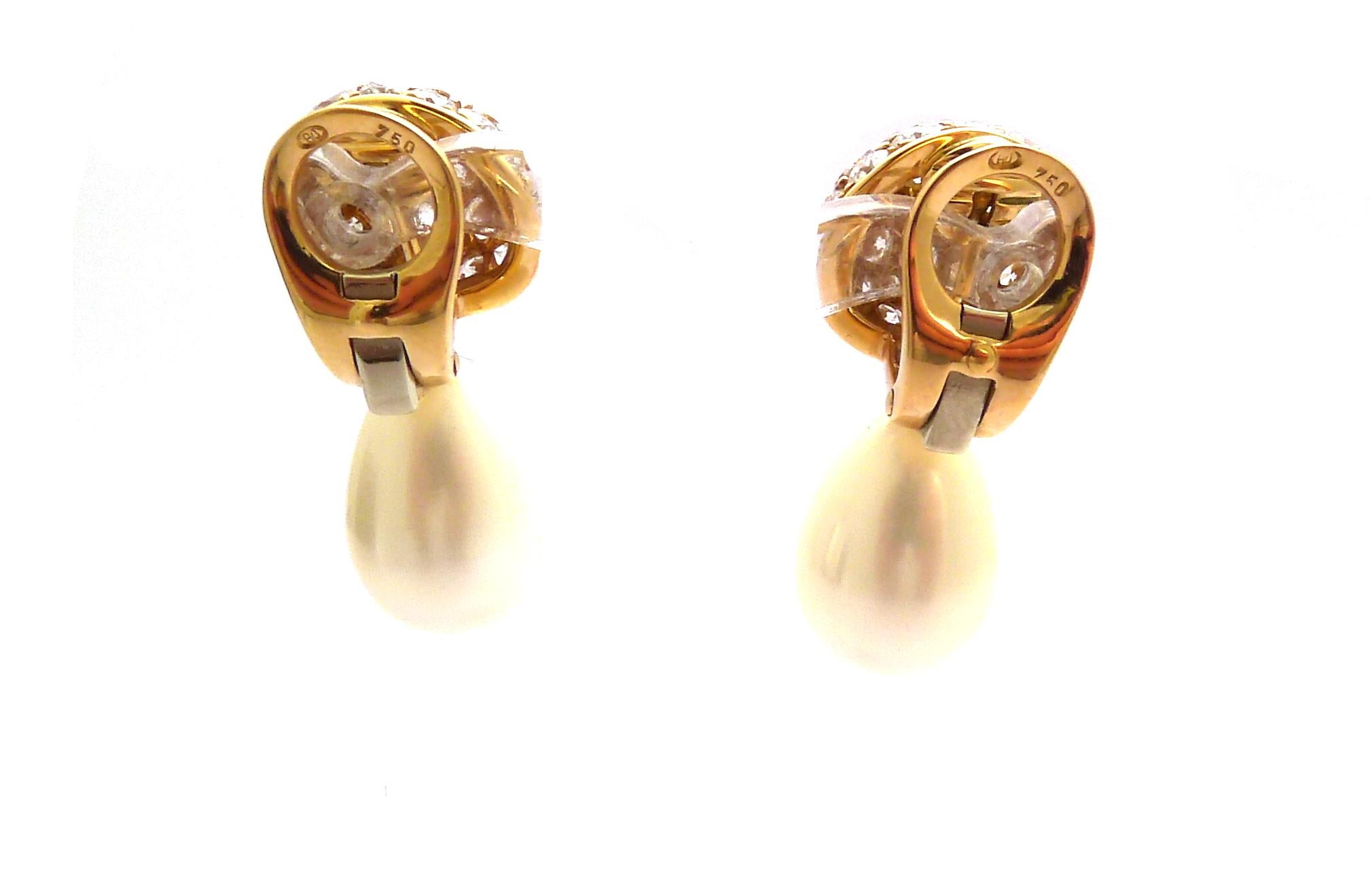 Women's 18 Karat Gold Diamond and White Pearl Earrings For Sale