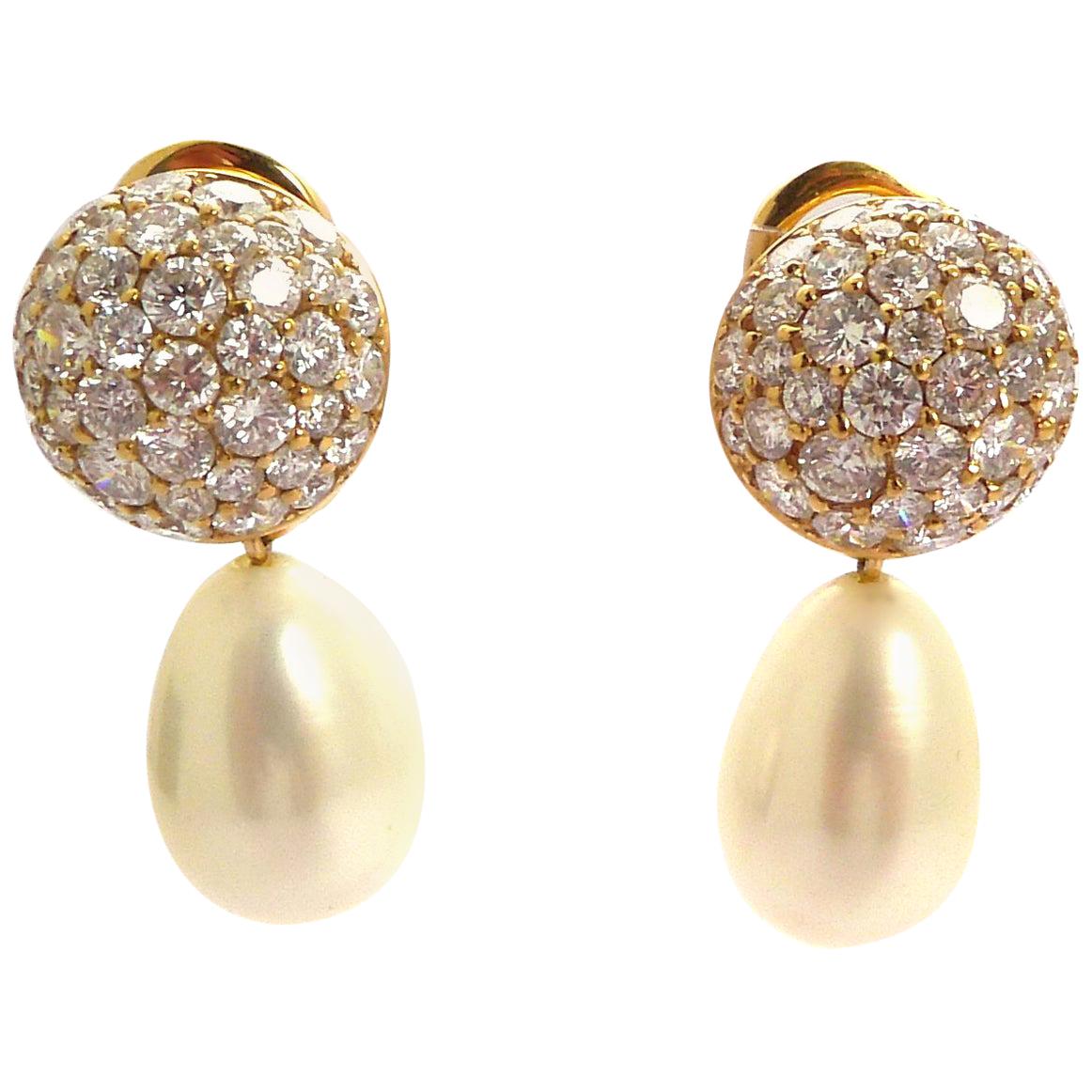 18 Karat Gold Diamond and White Pearl Earrings For Sale