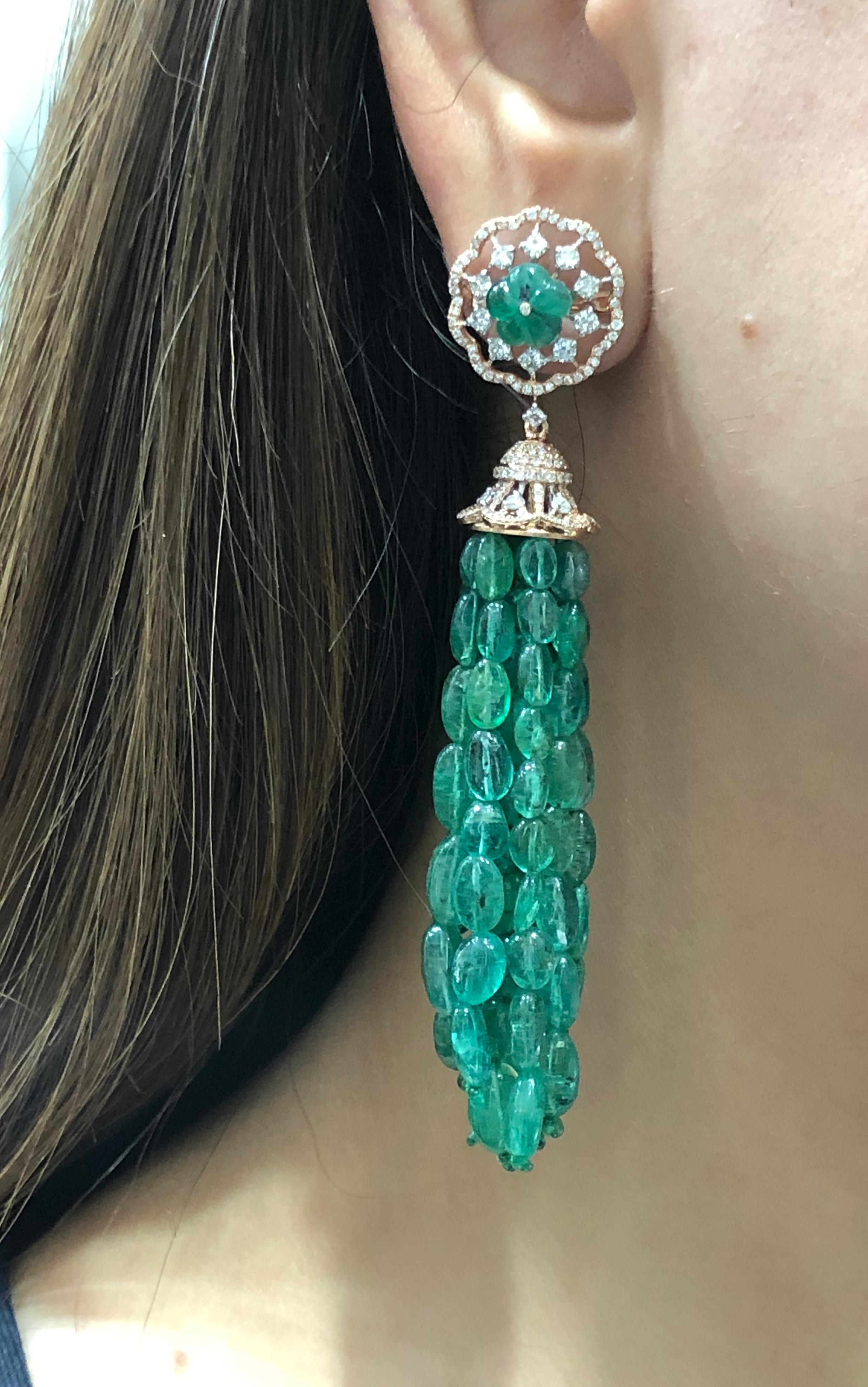 Contemporary 18 Karat Gold, Diamond and Zambian Emerald Beads Tassel Earrings