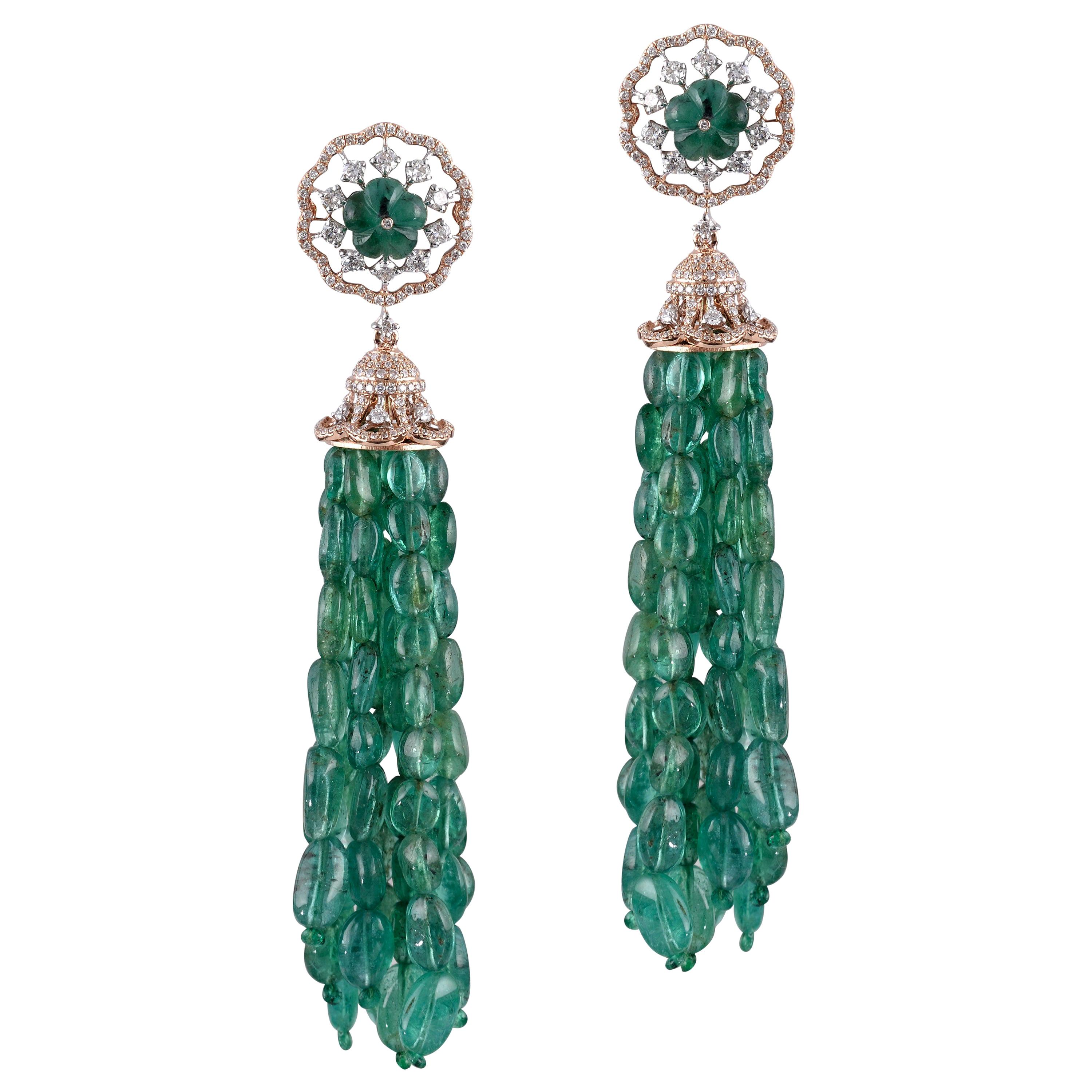 18 Karat Gold, Diamond and Zambian Emerald Beads Tassel Earrings