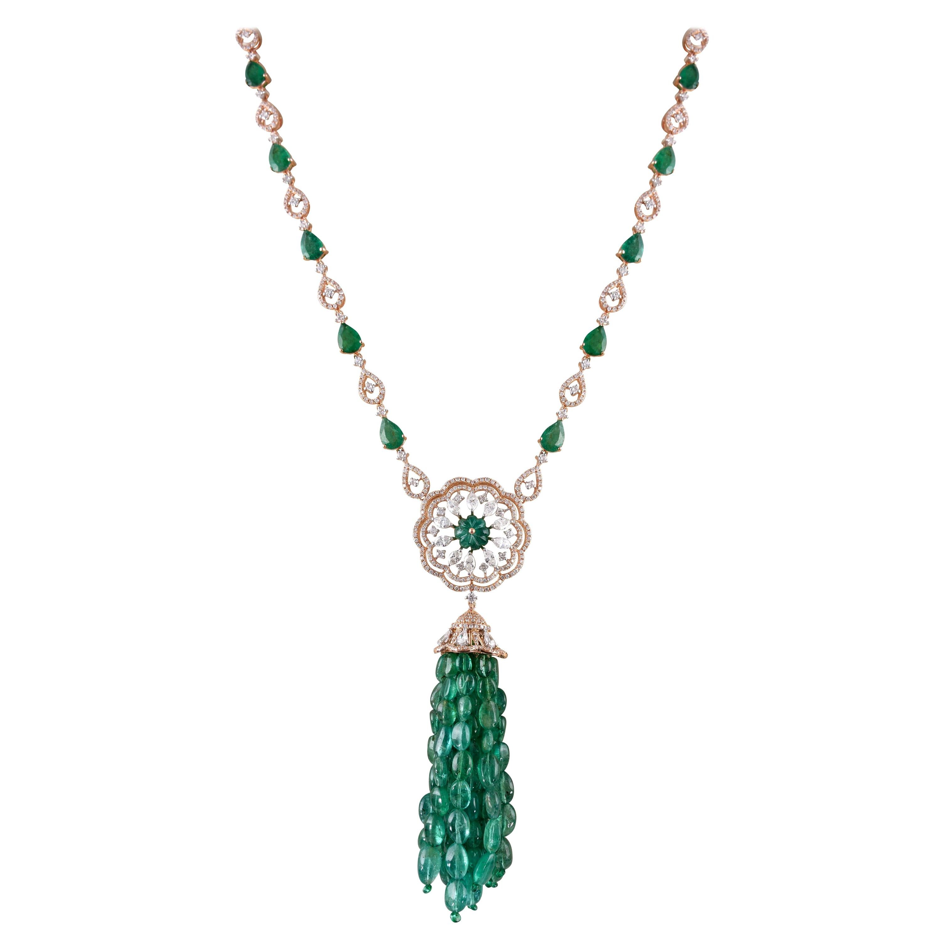 18 Karat Gold, Diamond and Zambian Emerald Beads Tassel