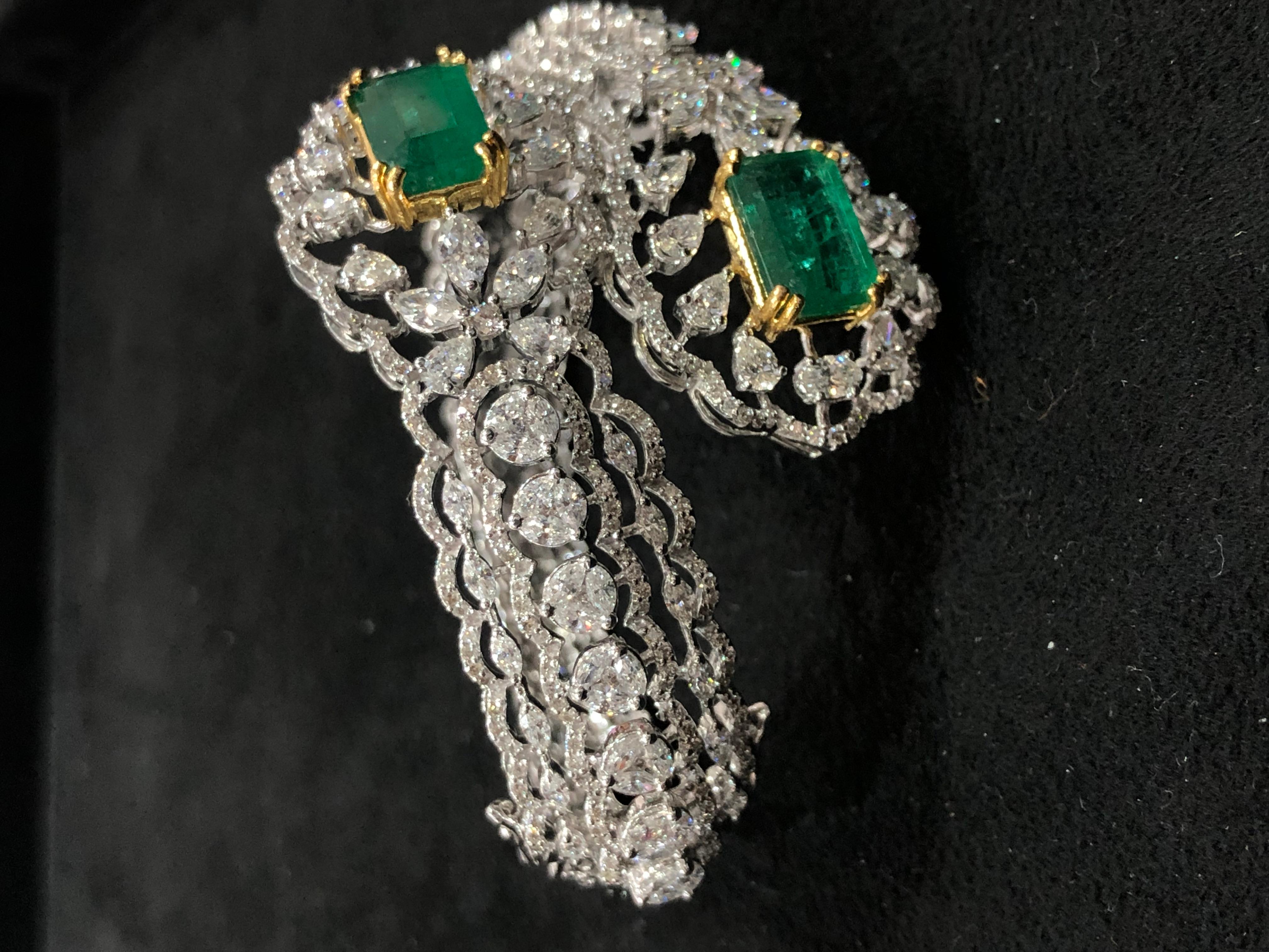 Contemporary Emerald Diamond 18k Gold Cuff Bracelet 