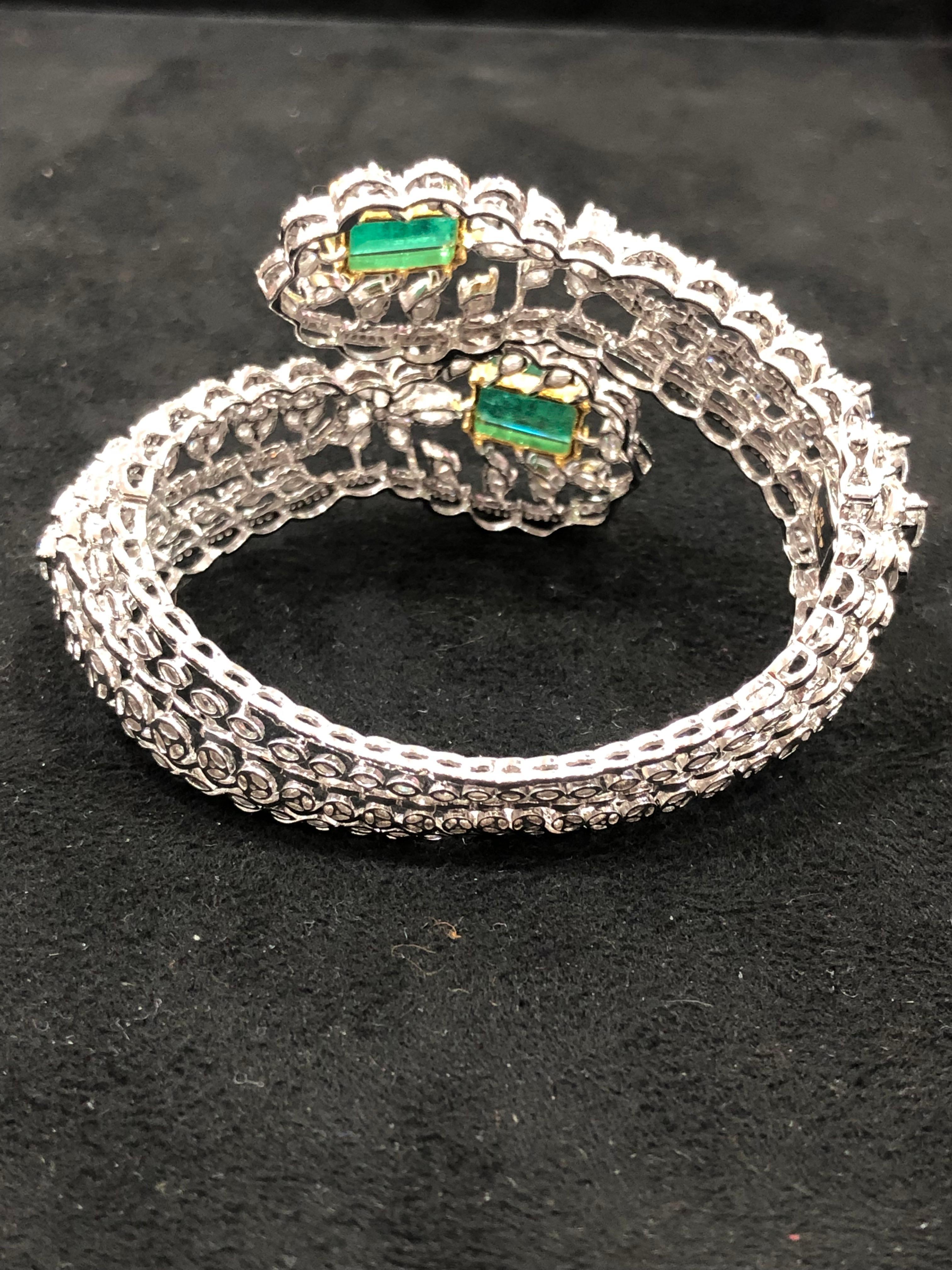 Emerald Cut Emerald Diamond 18k Gold Cuff Bracelet 