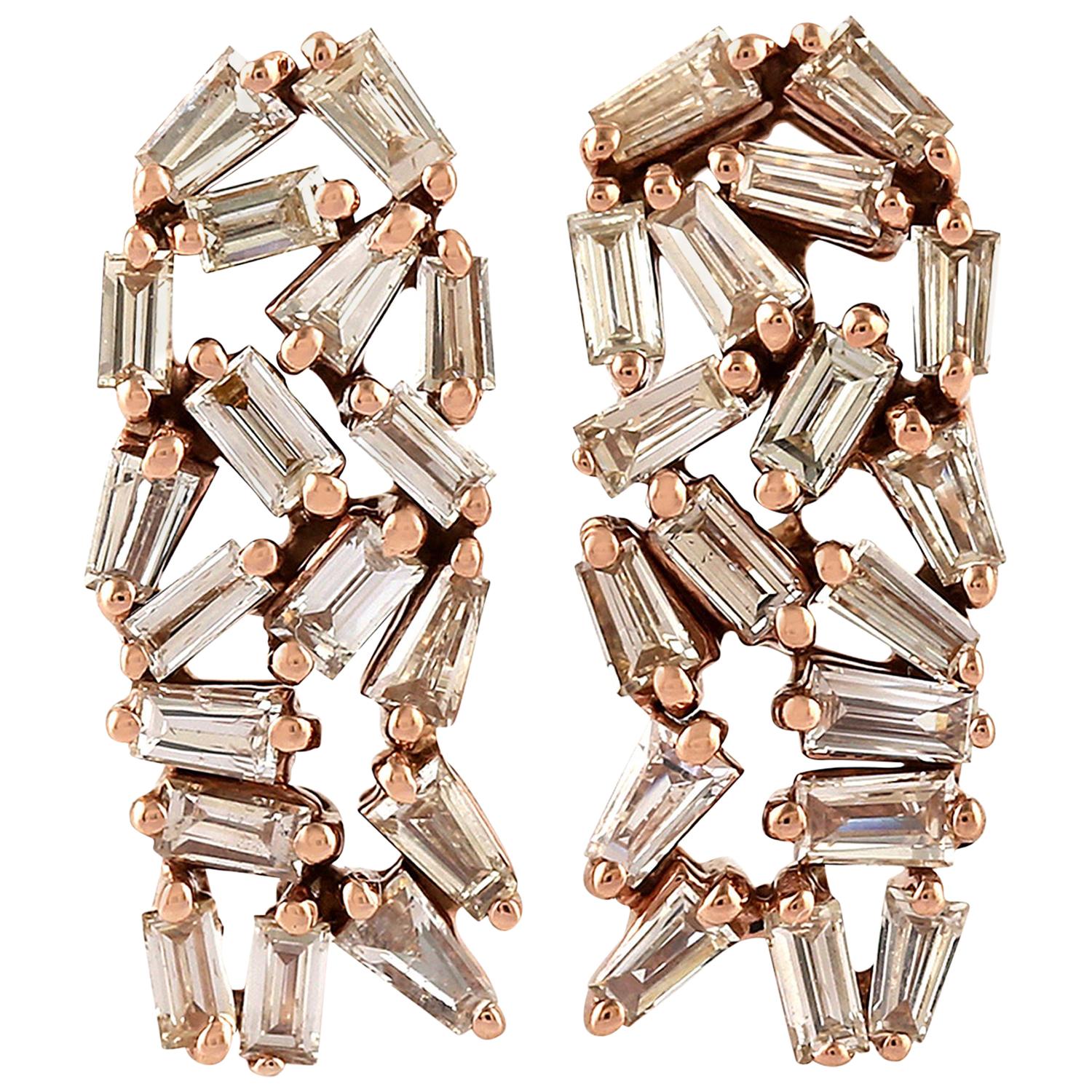 18 Karat Gold Diamond Baguette Stud Earrings For Sale