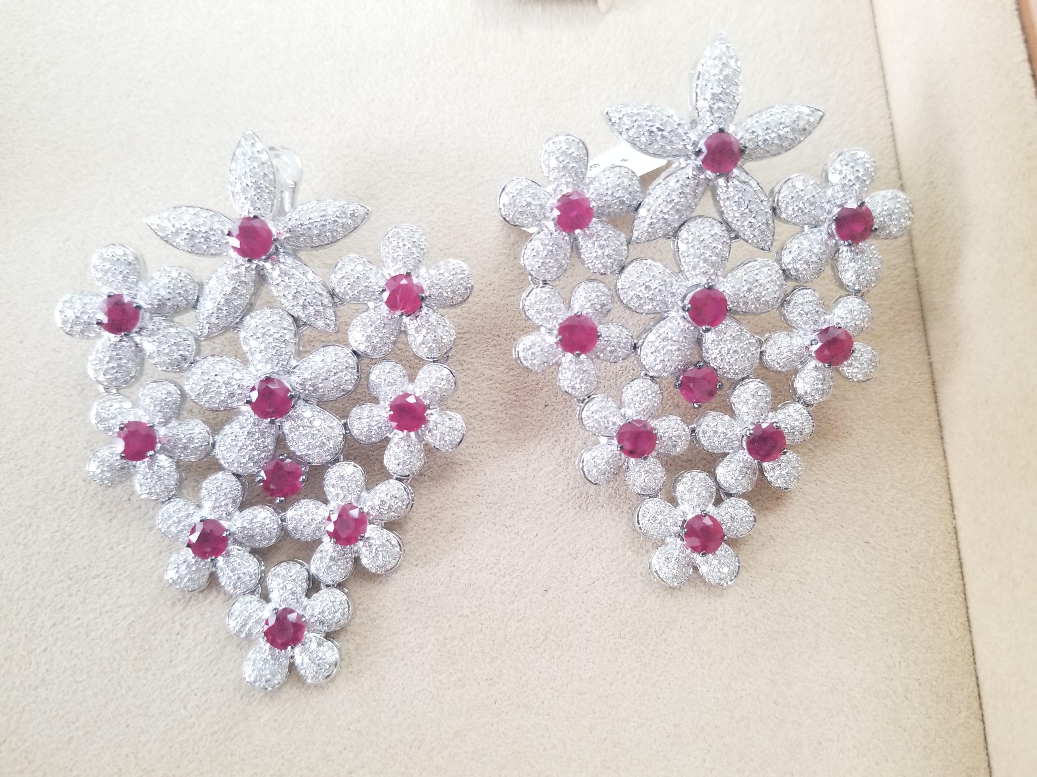 Round Cut Diamond Burma Ruby Necklace Set 18 Karat White Gold 