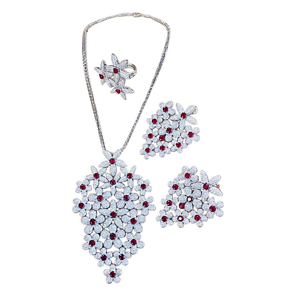 Diamond Burma Ruby Necklace Set 18 Karat White Gold 
