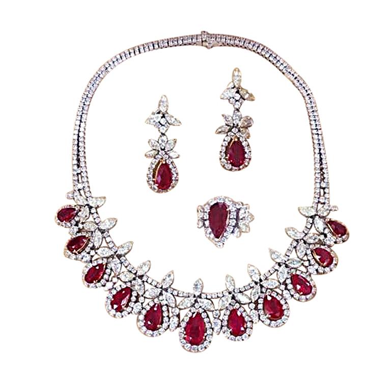 Burma Ruby Necklace Earrings Ring Diamond Jewelry Set 18 Karat Gold 